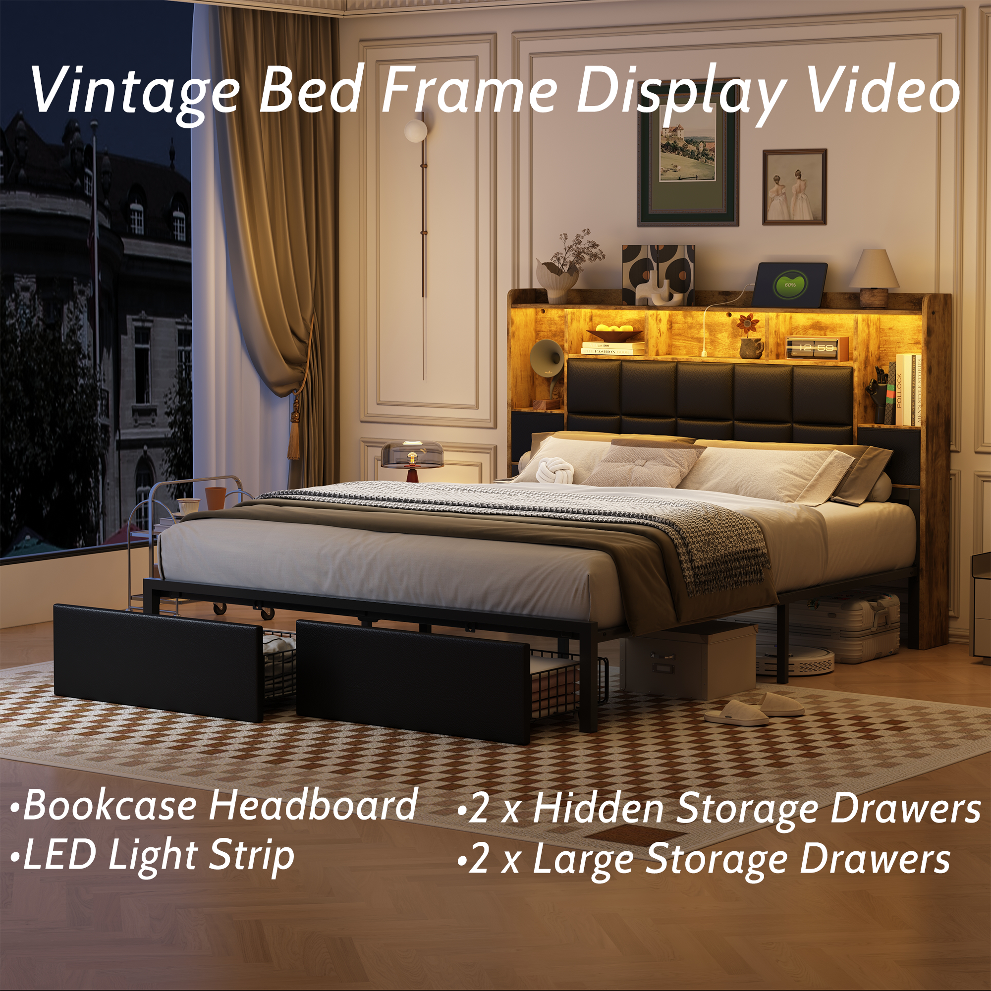 thumbnail video image 2 of TIGUBFRE Full LED Bed Frame with Bookcase Headboard, 2 Hidden Storage Drawers, Upholstered Platform Metal Bed Frame with Charging Station, Gray, 2 of 9