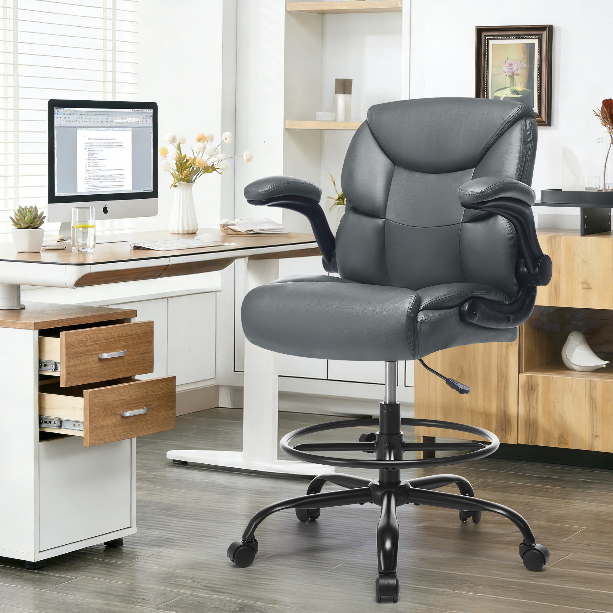thumbnail video image 2 of JONPONY Tall Office Chair for Standing Desk, Ergonomic High Leather Executive Office Chair with Flip-up Armrest,and Adjustable Foot Ring for Counter Height Desk,Grey, 2 of 13