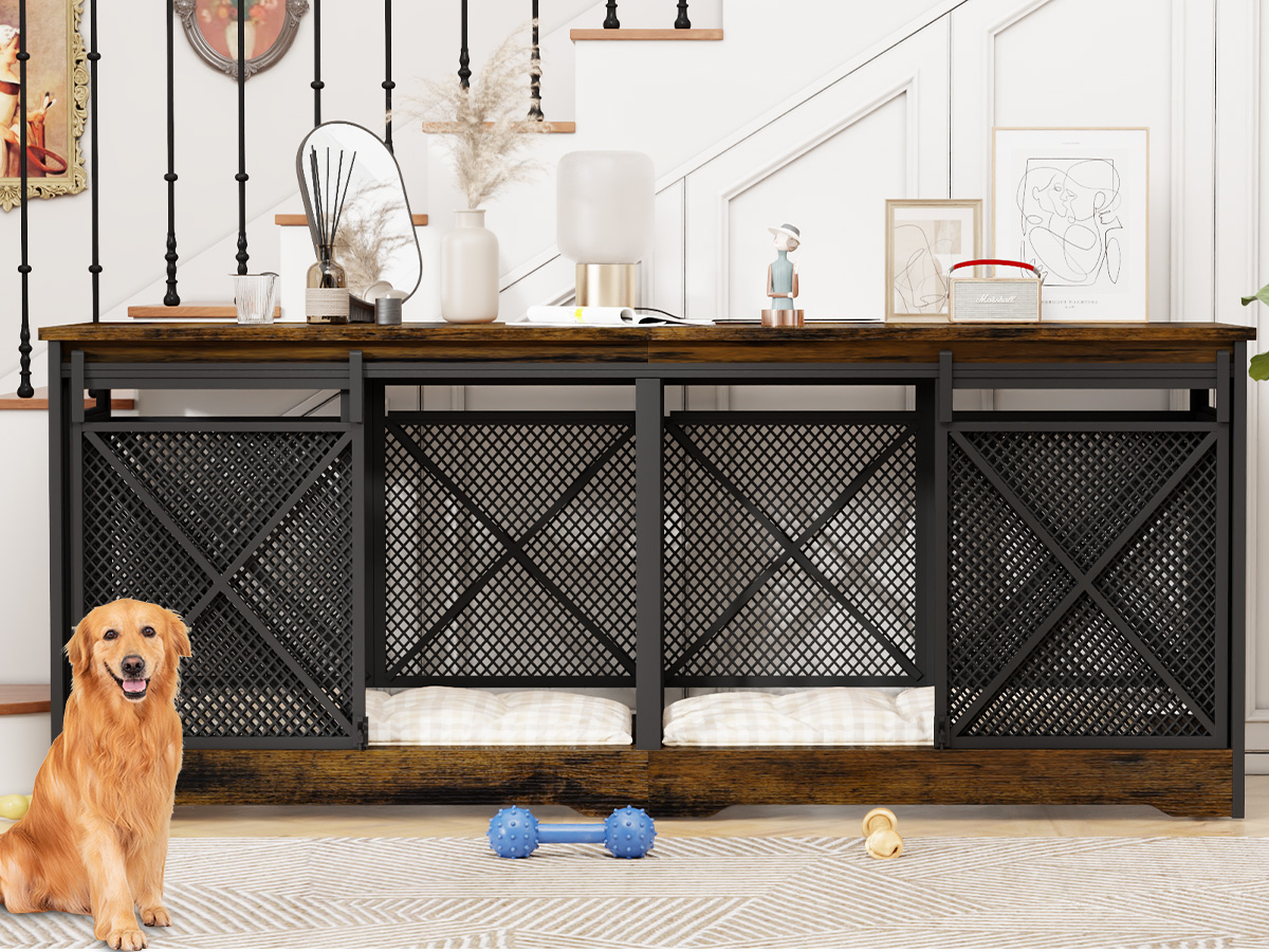 thumbnail video image 2 of 78 inch Double Dog Crate Furniture for 2 Dogs Lager Dog Wooden Crate Kennel table with Removable Divider Indoor Dog House for Small Medium Large Extra Large Size White, 2 of 10