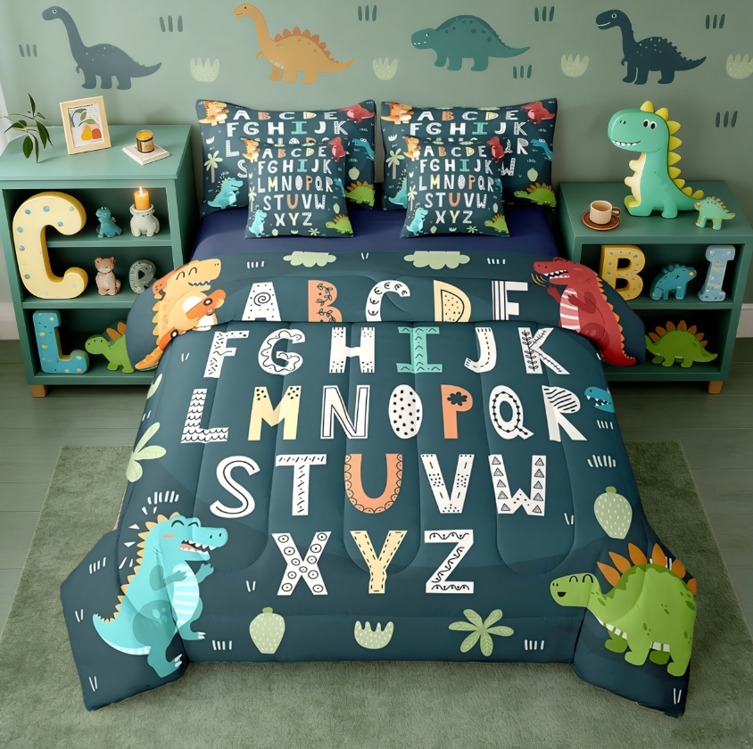 thumbnail video image 2 of Manfei Alphabet Kids ABC Learning 7-Piece Bedding Comforter Set,Cartoon Dinosaur King Bedding Sets For Boys Girls,Jungle Dino Duvet Reversible, 2 of 8
