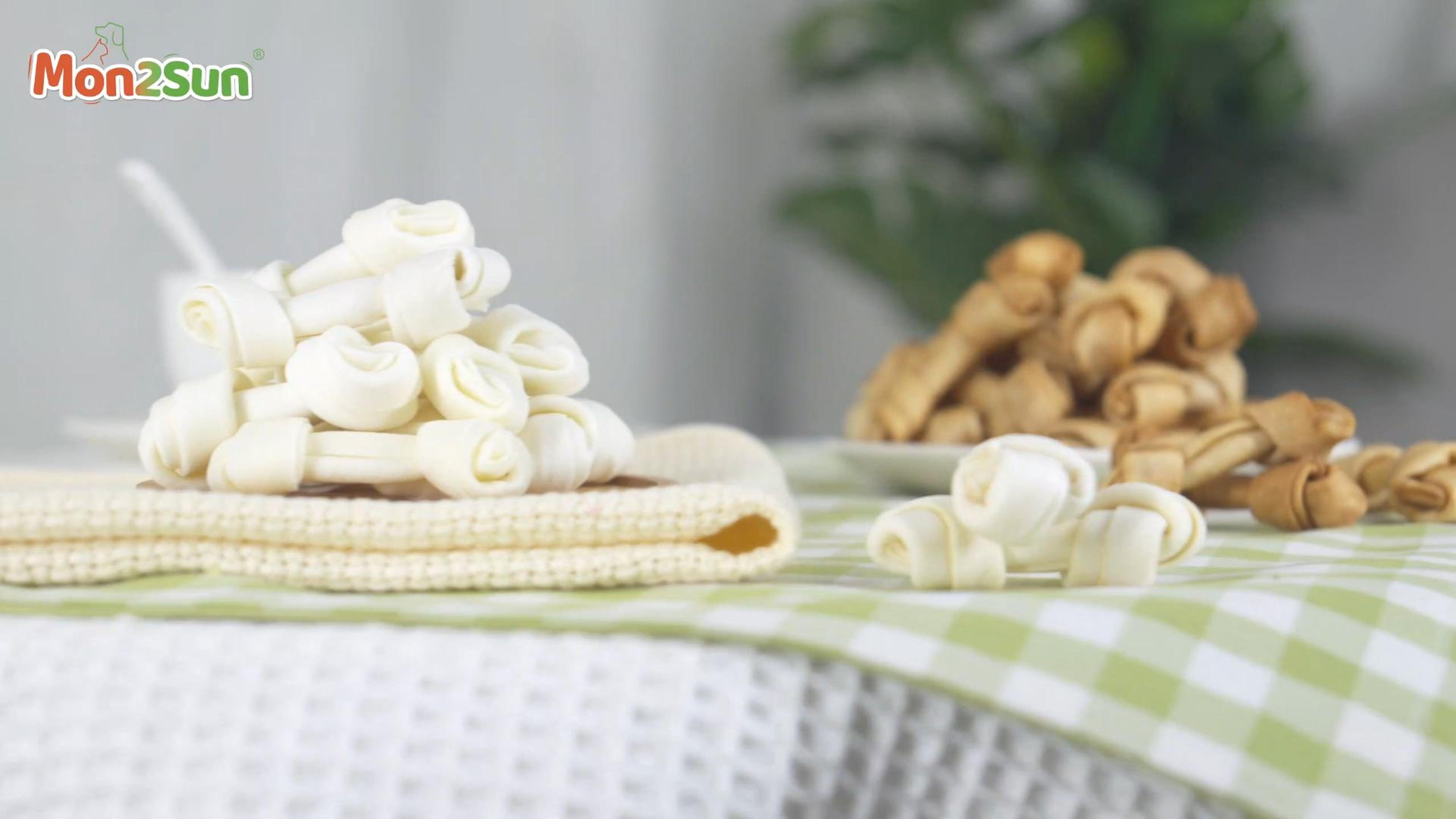 thumbnail video image 2 of MON2SUN Rawhide Knot Bones Chicken Flavor Small Dog Treats, 14.8 oz (60 Count), 2 of 9