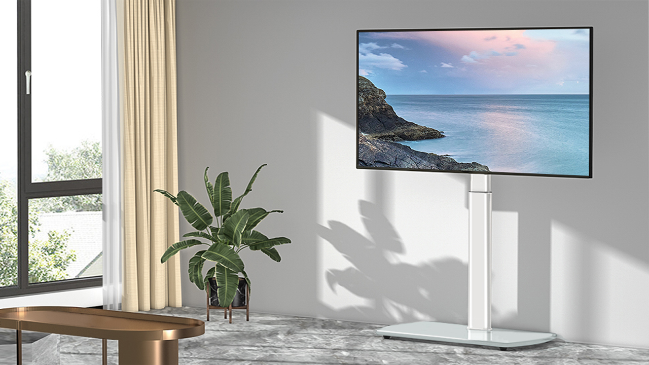 thumbnail video image 2 of RTVR Modern Swivel Floor TV Stand for 27 to 70 inch Flat Curved Screens, Glass Base with Apple TV Roku Ultra Mount, White, 2 of 10
