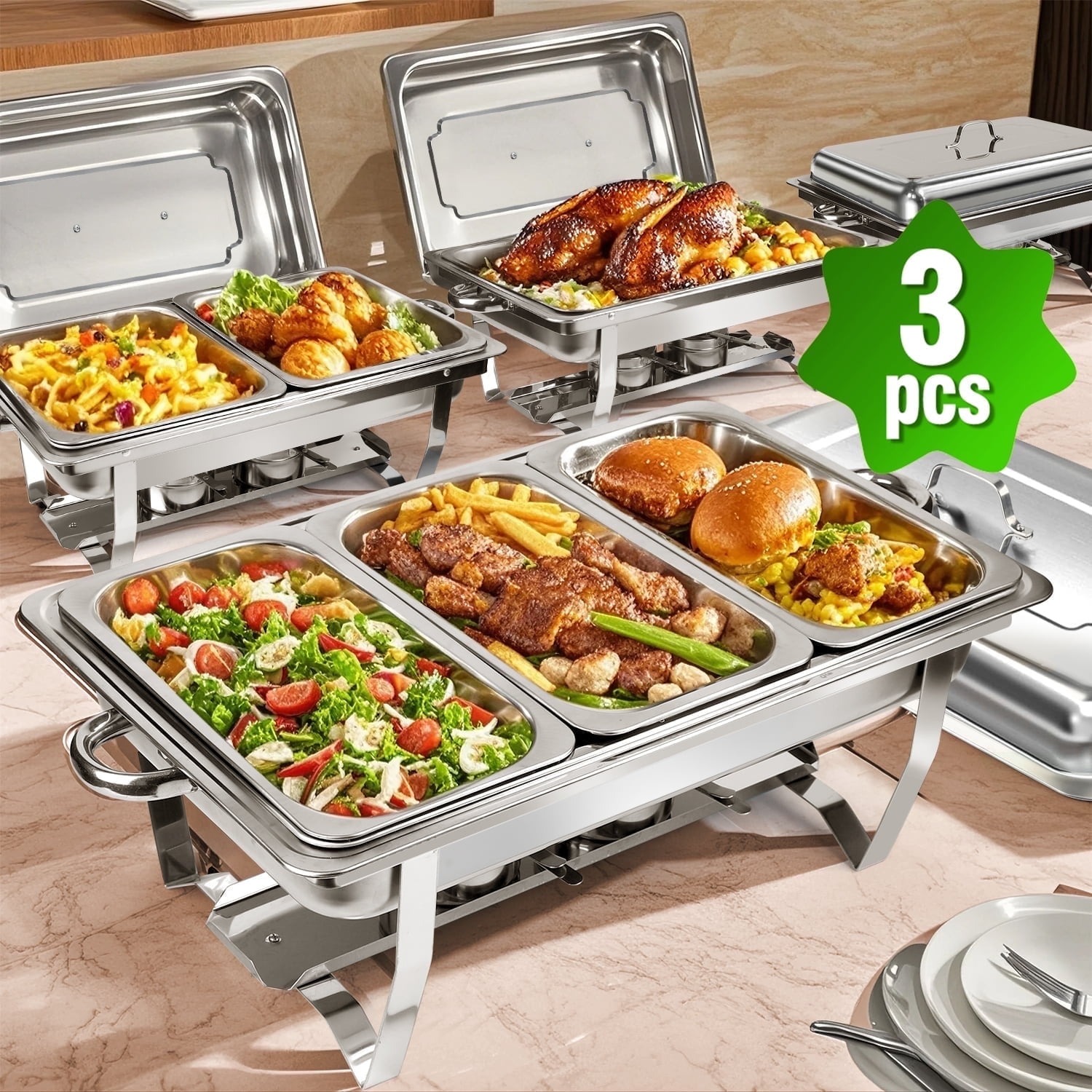 thumbnail video image 2 of Chafing Dishes for Buffet ,AOKIWO 3 Packs 8QT Mirrored Stainless Steel Chafing Dishes for Buffet, Chafers and Buffet Warmer for Parties, Events, Wedding, Camping, Dinner, 2 of 10