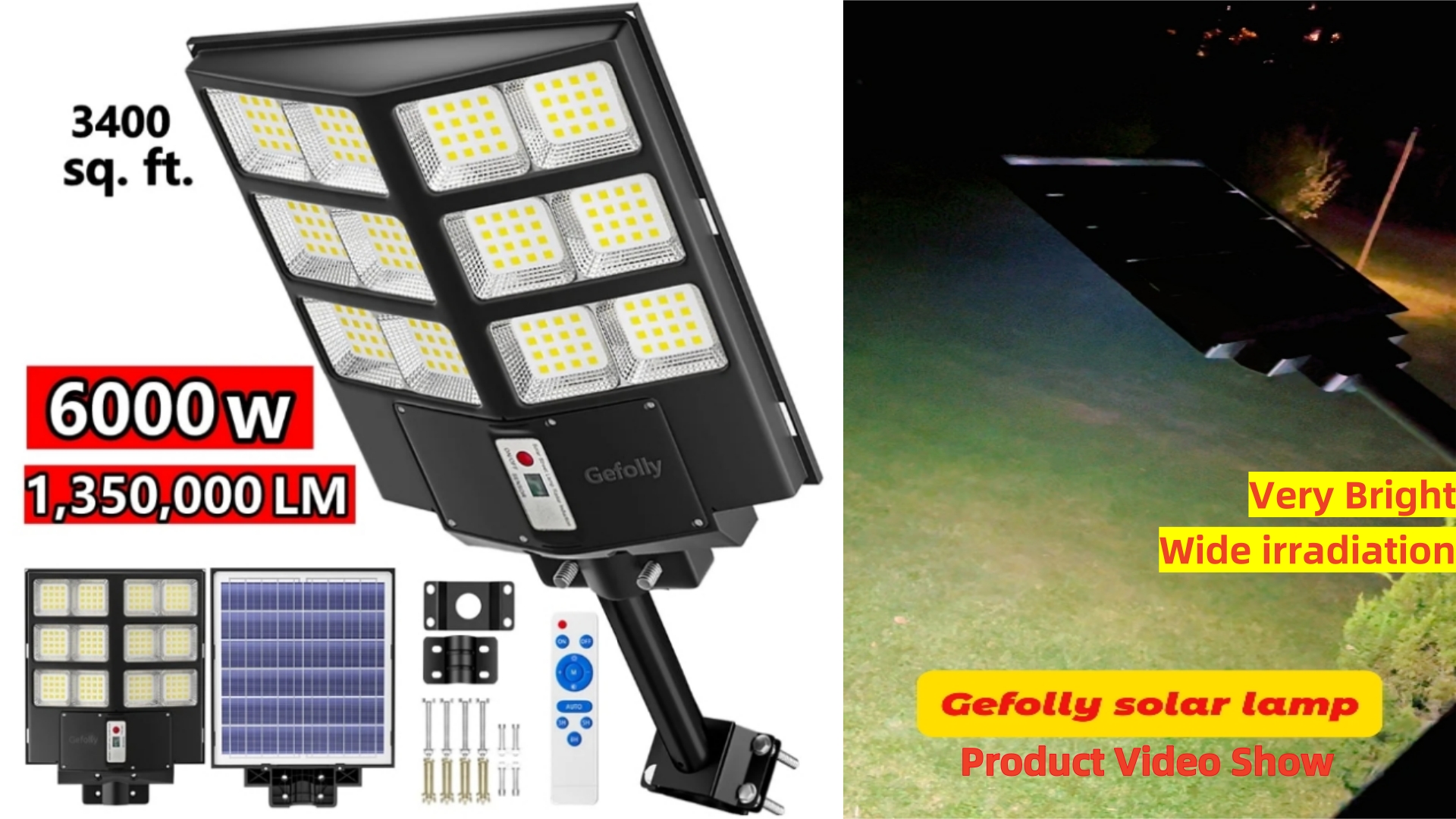 thumbnail video image 2 of Gefolly Super Bright Solar Street Lights Waterproof Motion Sensor LED Solar Parking Lot Lights Street Lamp Solar Lights--6000W/1350000 LM, 2 of 12