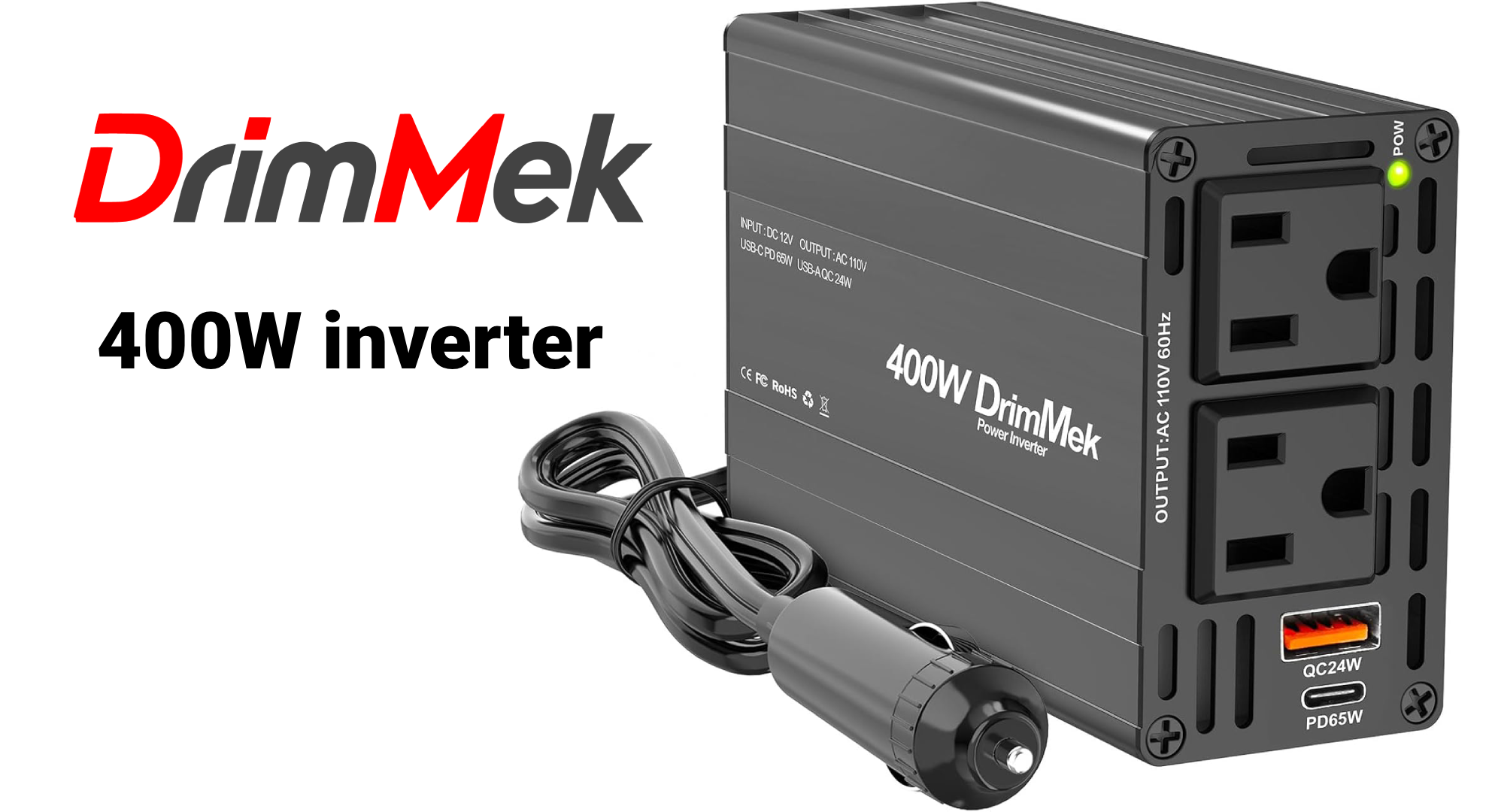 thumbnail video image 2 of 400W Car Power Inverter - Dual DC 12V to 110V AC Car Plug Adapter Outlets, Fast Charging USB C 65W & 24W Port, Power Inverters for Vehicles, Laptop Car Charger, Road Trips, 2 of 8