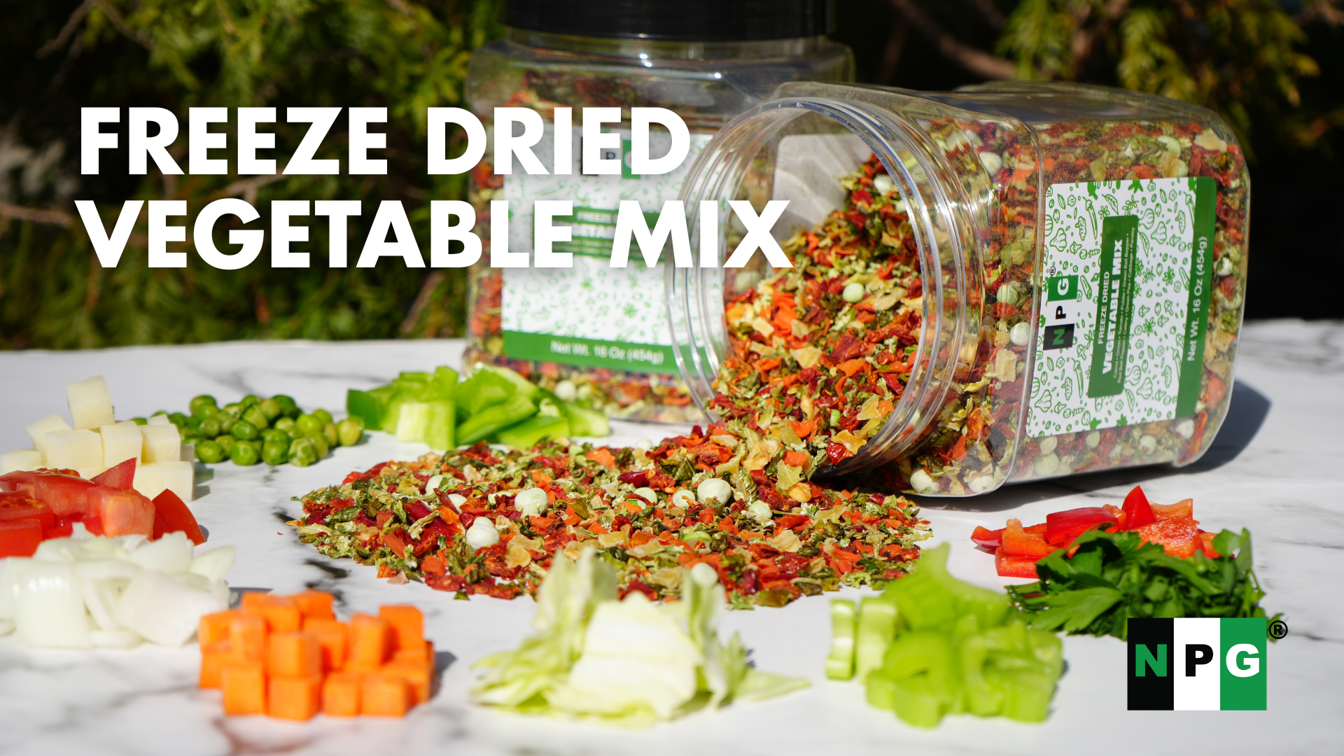 thumbnail video image 2 of NPG Freeze-Dried Vegetable Mix 16 oz (1 LB), Dehydrated Veggies for Soup, Ramen, Stir Fry & Cooking, Carrots, Onions, Tomatoes, Potatoes, Bell Peppers, Celery, Peas, Cabbage & Parsley, 2 of 7