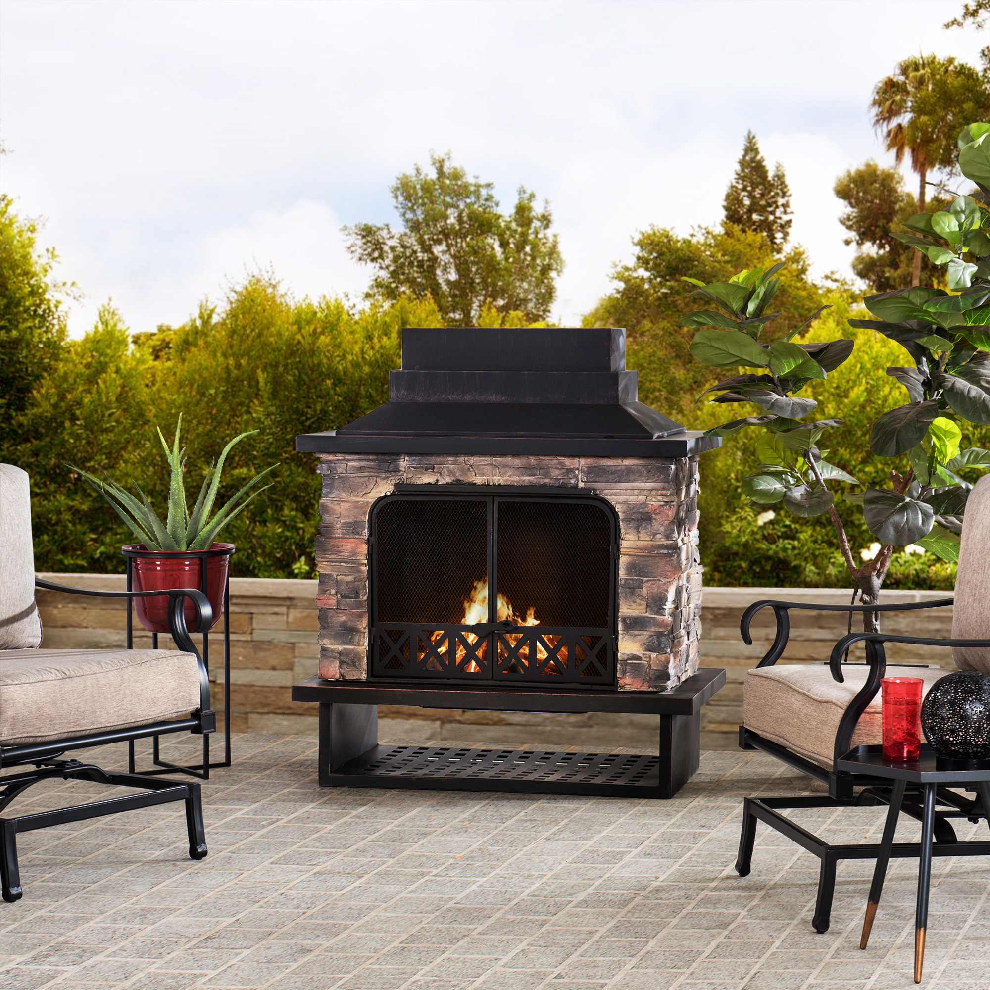 thumbnail video image 2 of SUNJOY Outdoor 48 in. Black Steel Wood Burning Stone Fireplace with Fire Poker and Removable Grate, 2 of 14