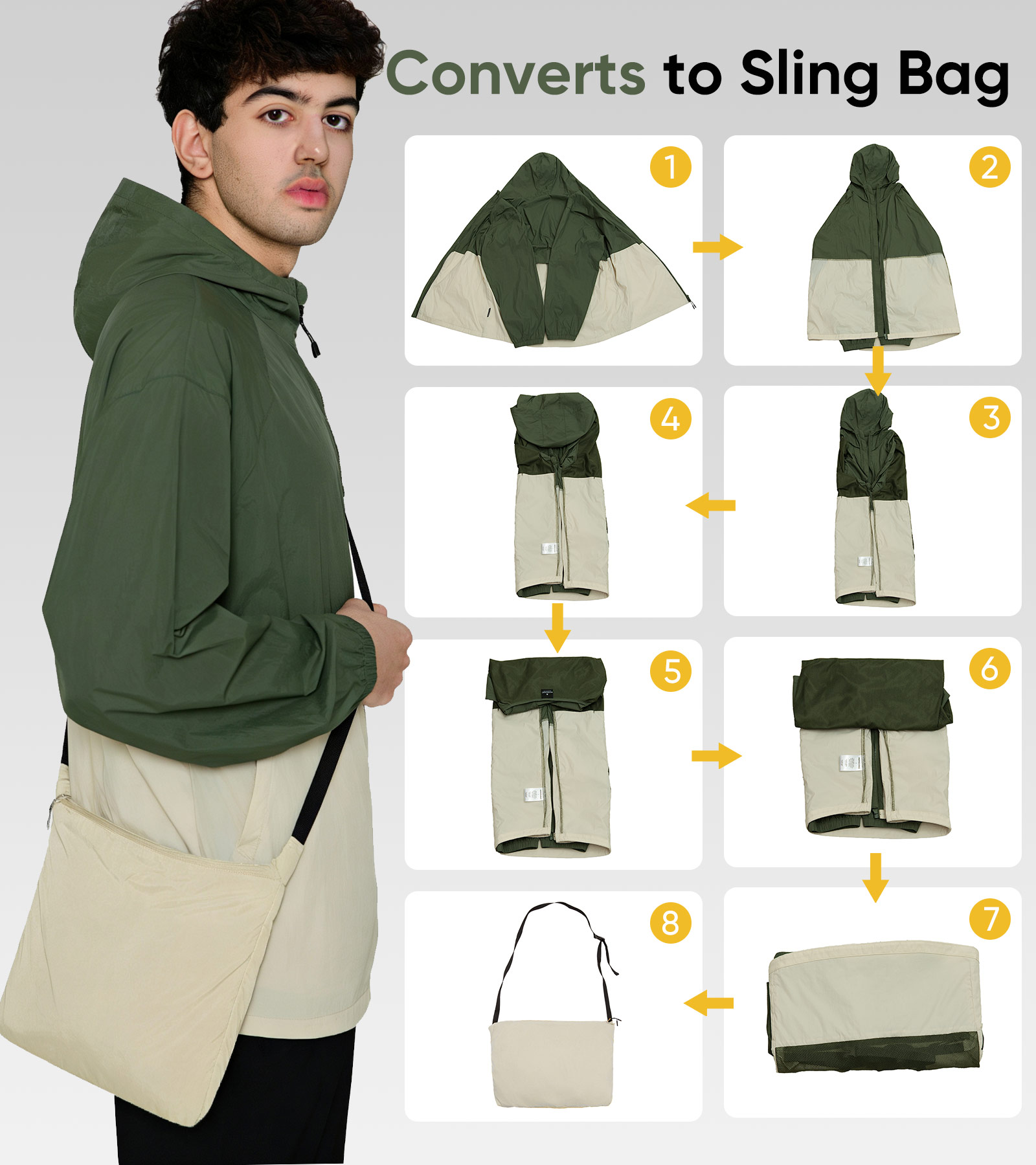 thumbnail video image 2 of MERIDIANO Men's Windbreaker Jackets for Men - Lightweight Packable Hooded Jacket with Sling Bag, 2 of 8