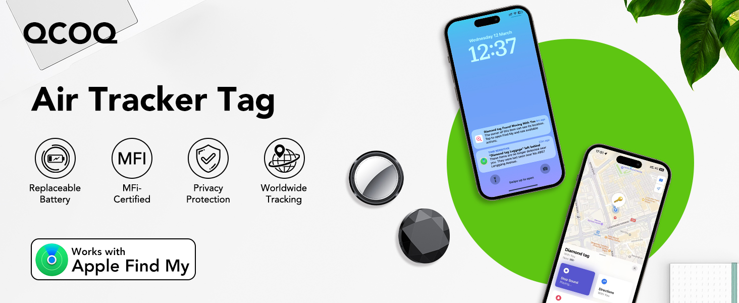 thumbnail video image 2 of Smart Air Tracker Tags, Bluetooth Tracker 4-Pack, Item Locator Works with Apple Find My (iOS Only), Tracker for Keys, Wallet, Luggage and Bags, Replaceable Battery, Key Ring & Lanyard Included, 2 of 9