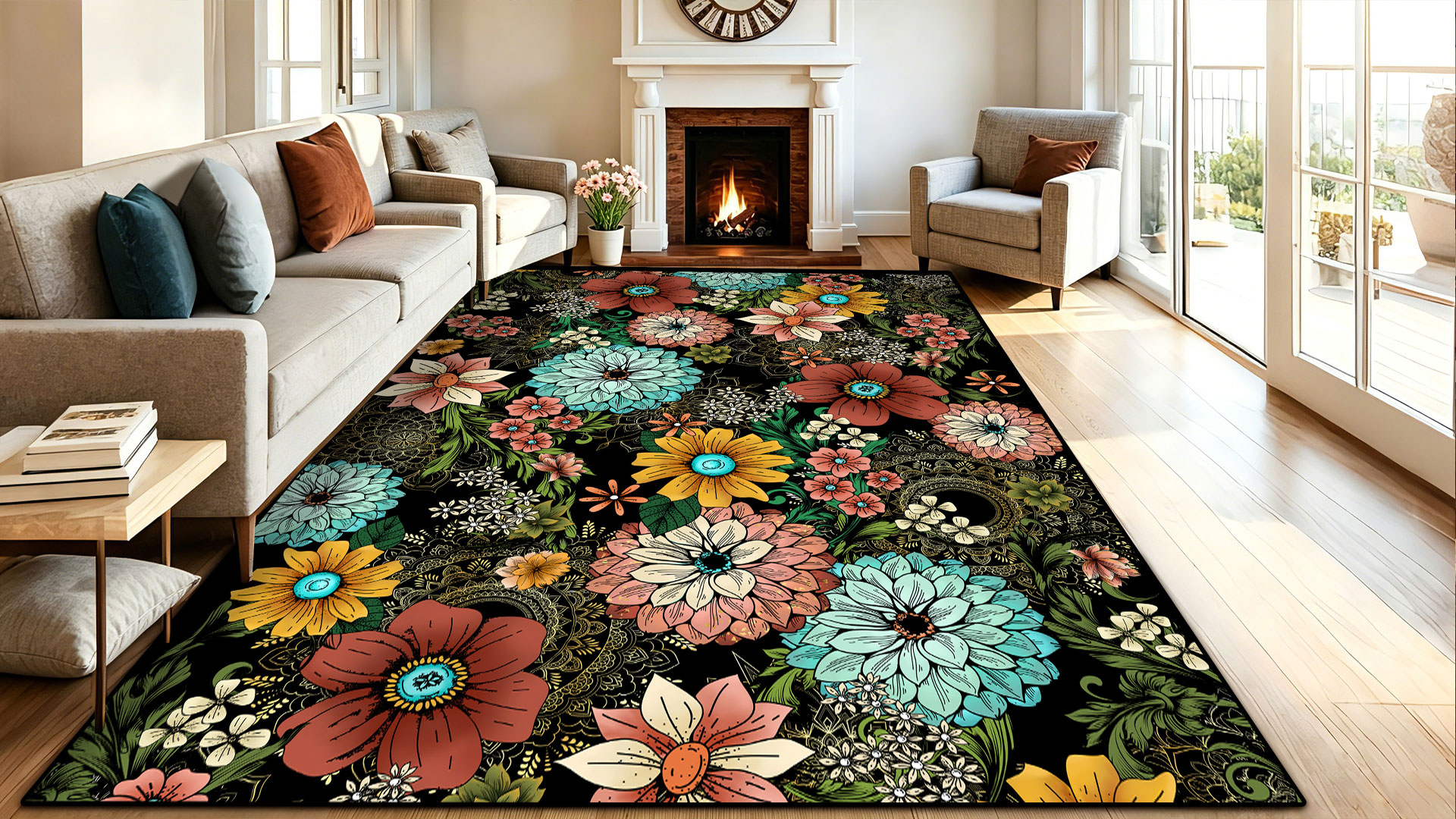 thumbnail video image 2 of BLEUM CADE Boho Floral Area Rugs for Living Room 5x7, Washable Soft Faux Wool Rug Carpet for Bedroom, 2 of 9