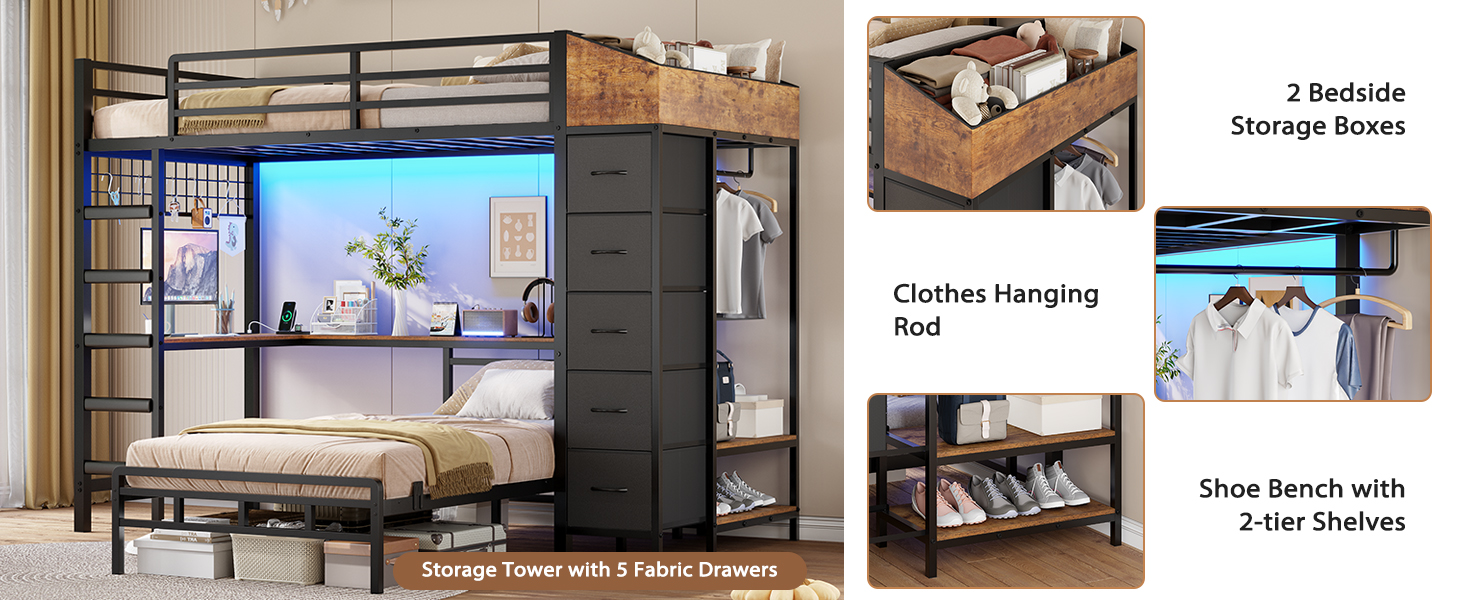 thumbnail video image 2 of Torveric Bunk Bed with Hall Tree Twin Over Twin, L-Shaped Gaming LED Bunk Bed with Desk and Storages, Small Space Apartment Furniture Gift Black, 2 of 15
