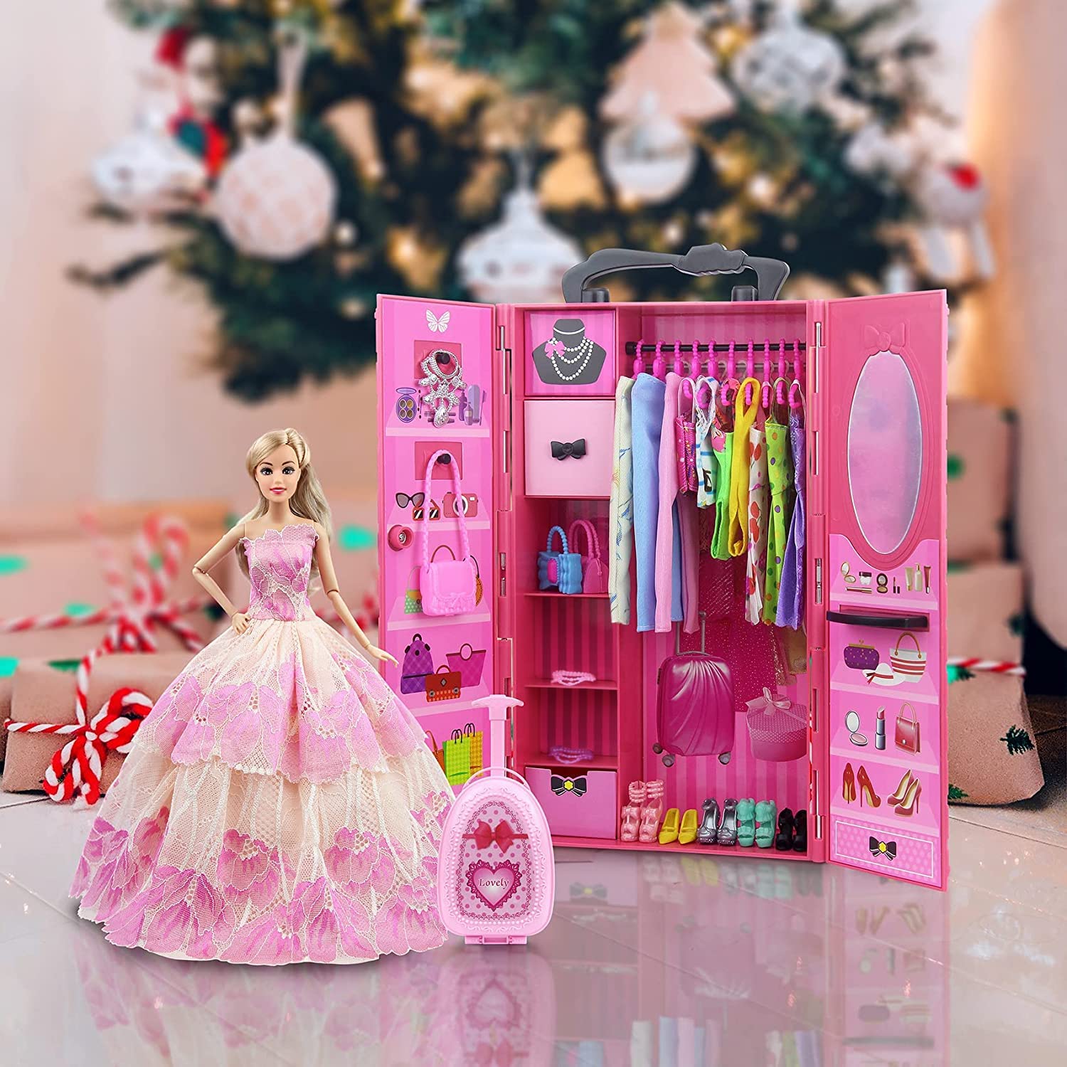 thumbnail video image 2 of ZITA ELEMENT 11.5 Inch Girl Doll Closet with Clothes and Accessories Set 101 Pcs Including Wardrobe Suitcase Clothes Dresses Swimsuits Shoes Hangers Necklace Bags and Other Stuff, 2 of 9