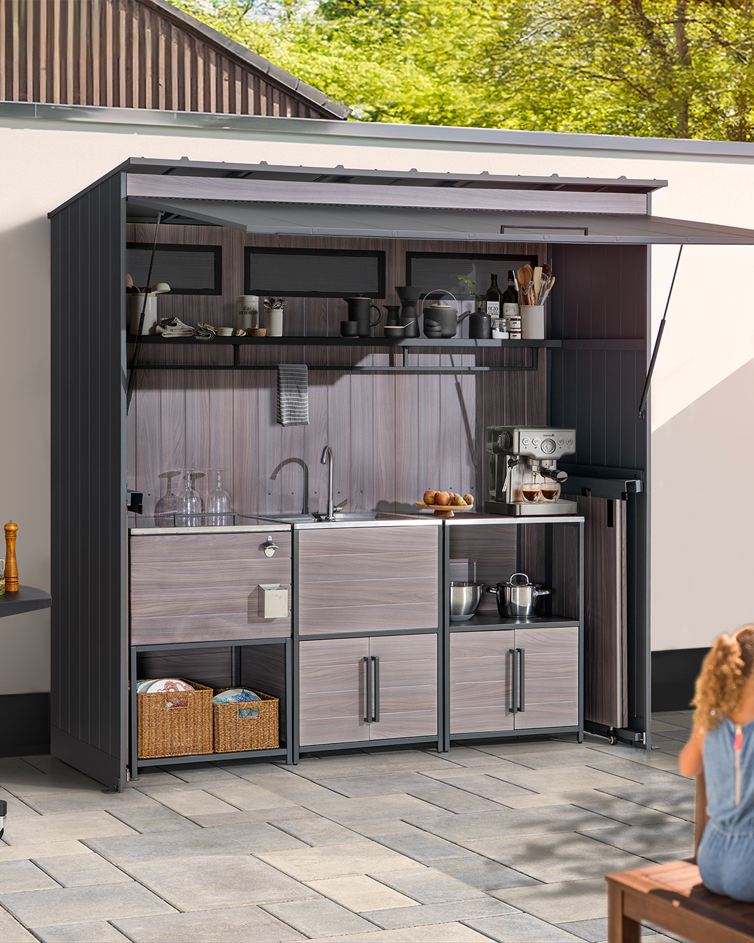thumbnail video image 2 of SUNJOY 7' x 3' Outdoor Kitchen / Grill Station with Overhead Lift-Up Door & Folding Sliding Doors for Compact Space, 2 of 11