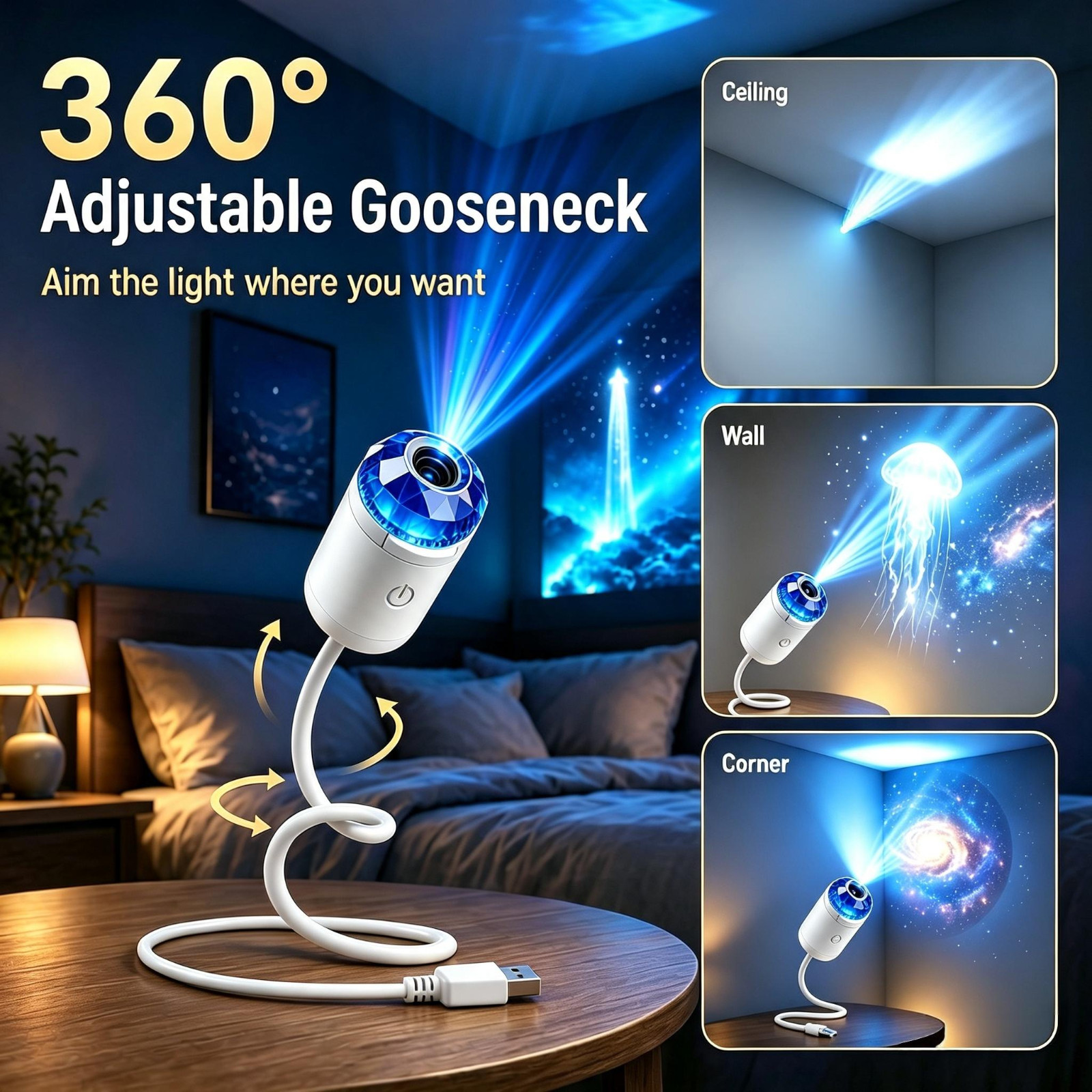 thumbnail video image 2 of USB Stars Projector Light, Plug and Play HD Galaxy Light Projector for Bedroom, 360 Rotating, Galaxy Night Light with 3/5/6/12 Film Slides for Bedroom Ceiling Decor, 3 Films by XSAOP, 2 of 9