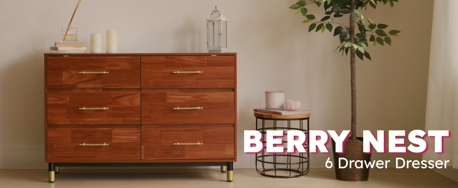 thumbnail video image 2 of BERRY NEST Walnut Dresser for Bedroom, 6 Drawer Brown Wood Dresser with Modern Storage Organizer, Wide Chest of Drawers for Closet, Clothes, Living Room, 2 of 9