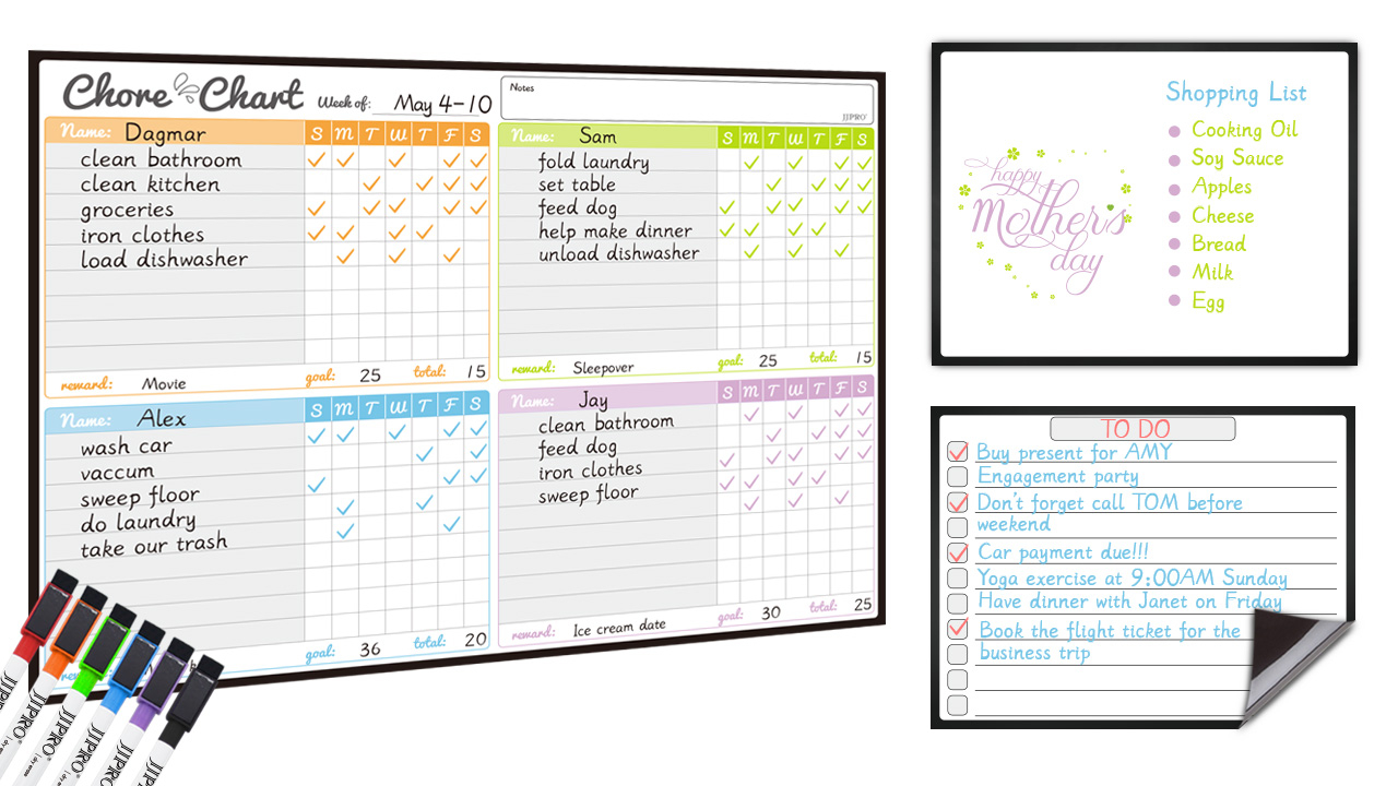 thumbnail video image 2 of Magnetic Dry Erase Chore Chart Set for Fridge-Used for Multiple Kids-One Chore Chart and Two Bonus Dry Erase Pad/Grocery Boards-Behavior Chart for Multiple Kids-6 Extra Fine Tips Markers Included!, 2 of 8