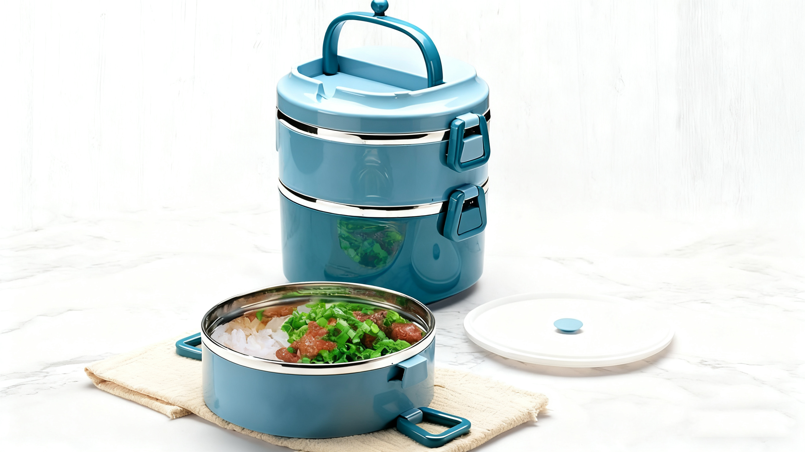 thumbnail video image 2 of SANQIAHOME 3 Tier Stackable Stainless Steel Lunch Box Sealed(blue, 3 layers) with spoon and fork, 2 of 9