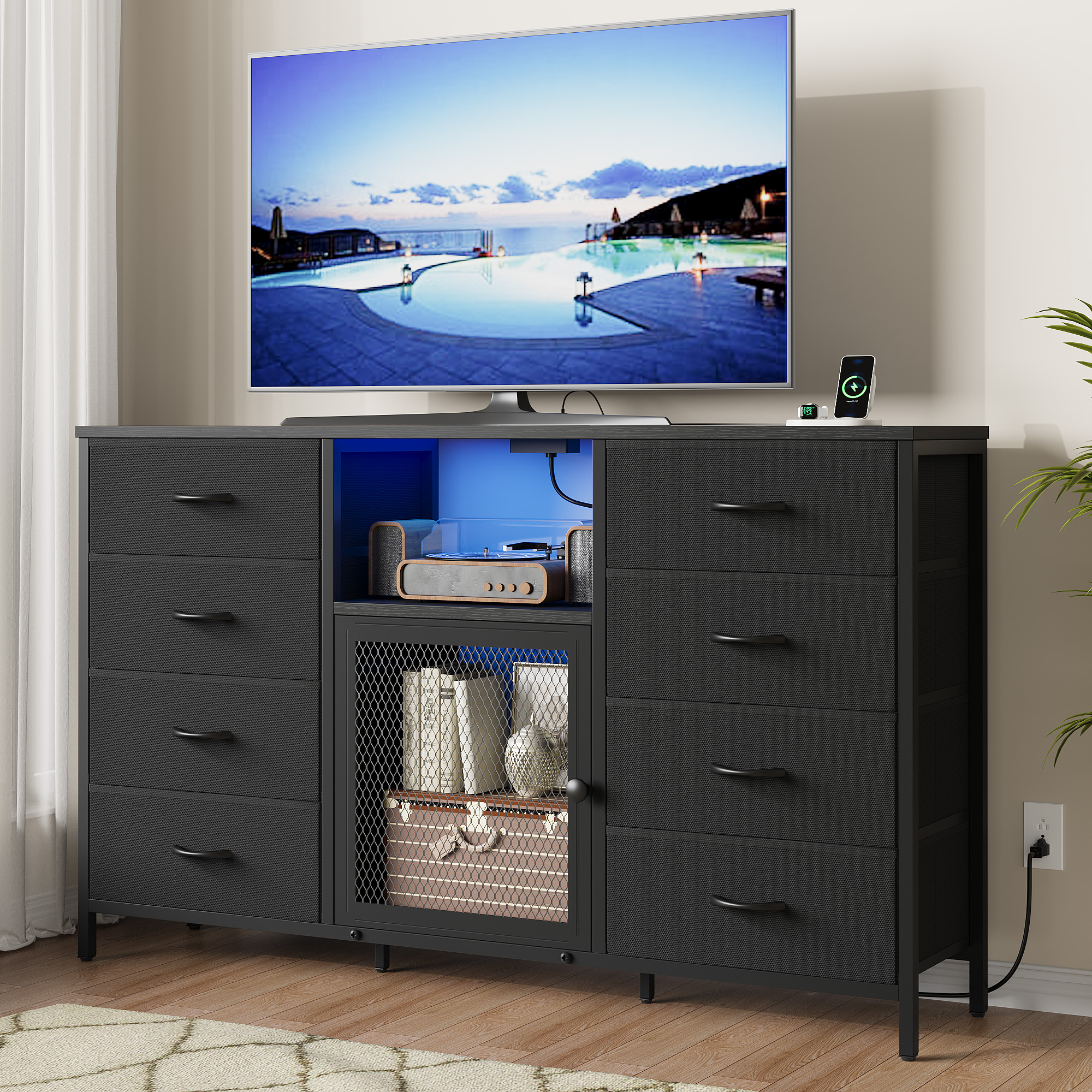 thumbnail video image 2 of 8 Drawer Dresser, 52"W TV Dressers for Bedroom, TV Stand for 65" TVs with Power Outlets LED Lights, Fabric Chest of Drawers Storage Organizer - Black, 2 of 8