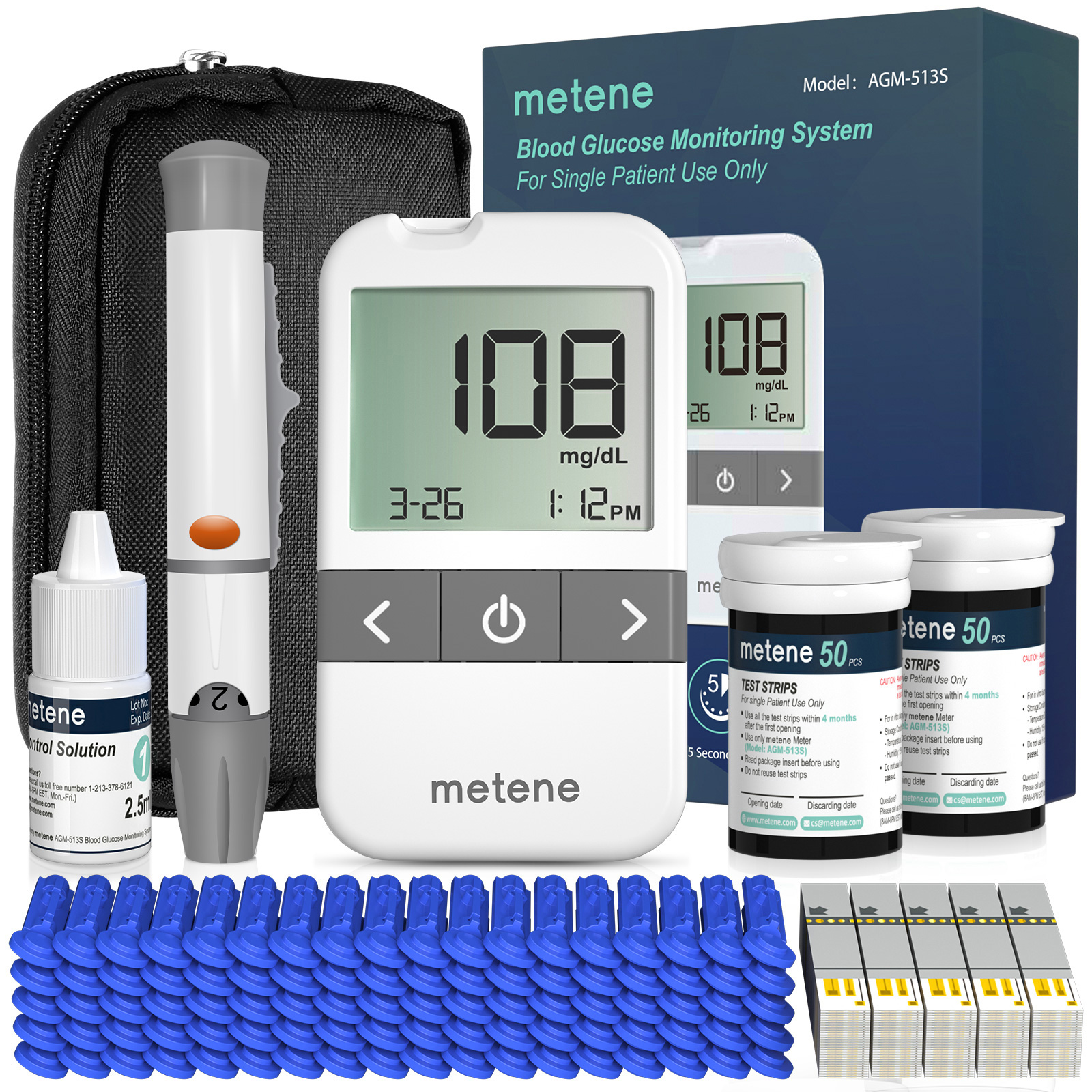 thumbnail video image 2 of Metene AGM-513S Blood Glucose Monitor Kit, 100 Glucometer Strips, 100 Lancets, 1 Blood Sugar Monitor, 1 Control Solution, Lancing Device and Carrying Bag, No Coding, 2 of 8