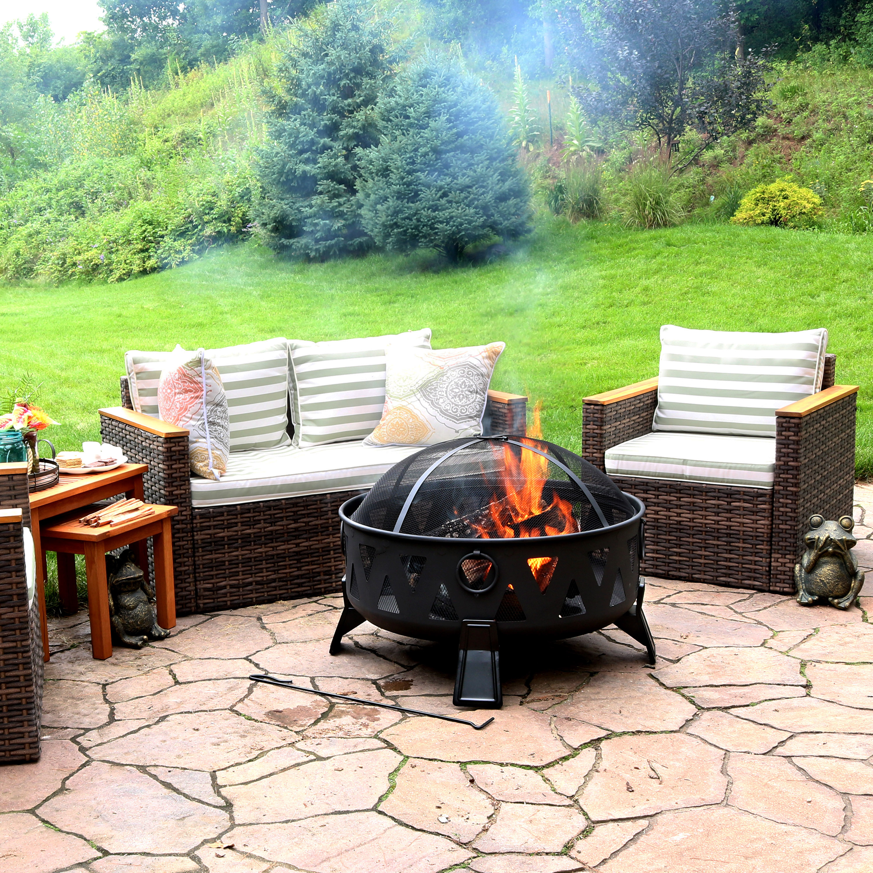 thumbnail video image 2 of Sunnydaze 34" Round Wood-Burning Fire Pit Black Finish Steel Fire Pit with Stripe Cutouts, 2 of 9