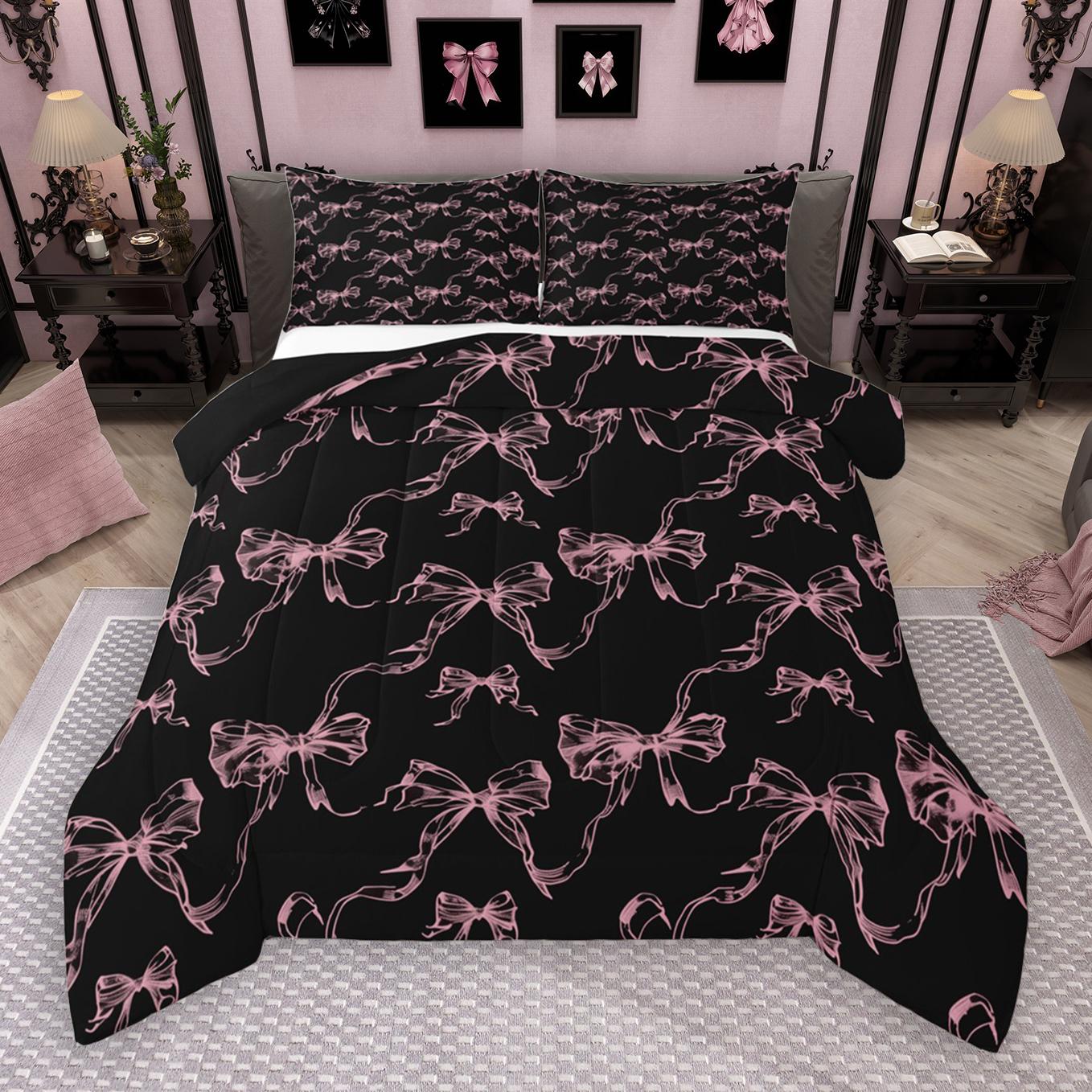 thumbnail video image 2 of Manfei Kawaii Bowknot Bowtie Bedding Comforter Set,Cartoon Loves Pattern Twin Comforter Sets,Pink Black Bedding Set For Girl,Breathable Home Decor Reversible,2pcs, 2 of 9