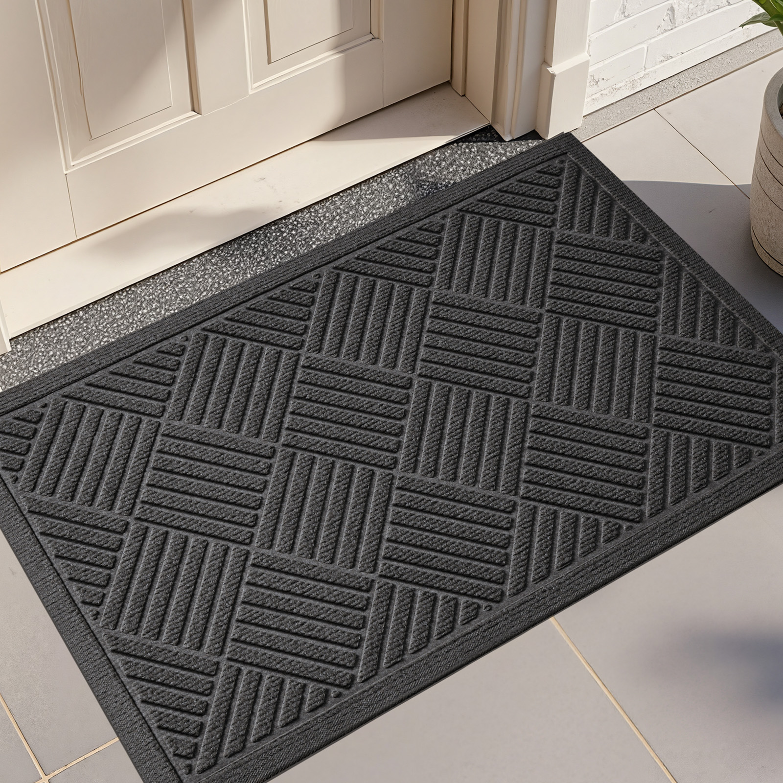 thumbnail video image 2 of Front Doormat Non Slip Outdoor Mat 24"x36", Dirt Trapper TPE Welcome Mats Outdoor Indoor Rug, Durable Easy Clean Low Profile Doormat for Garage, Entryway, Patio ,High Traffic Areas, Grey, 2 of 11