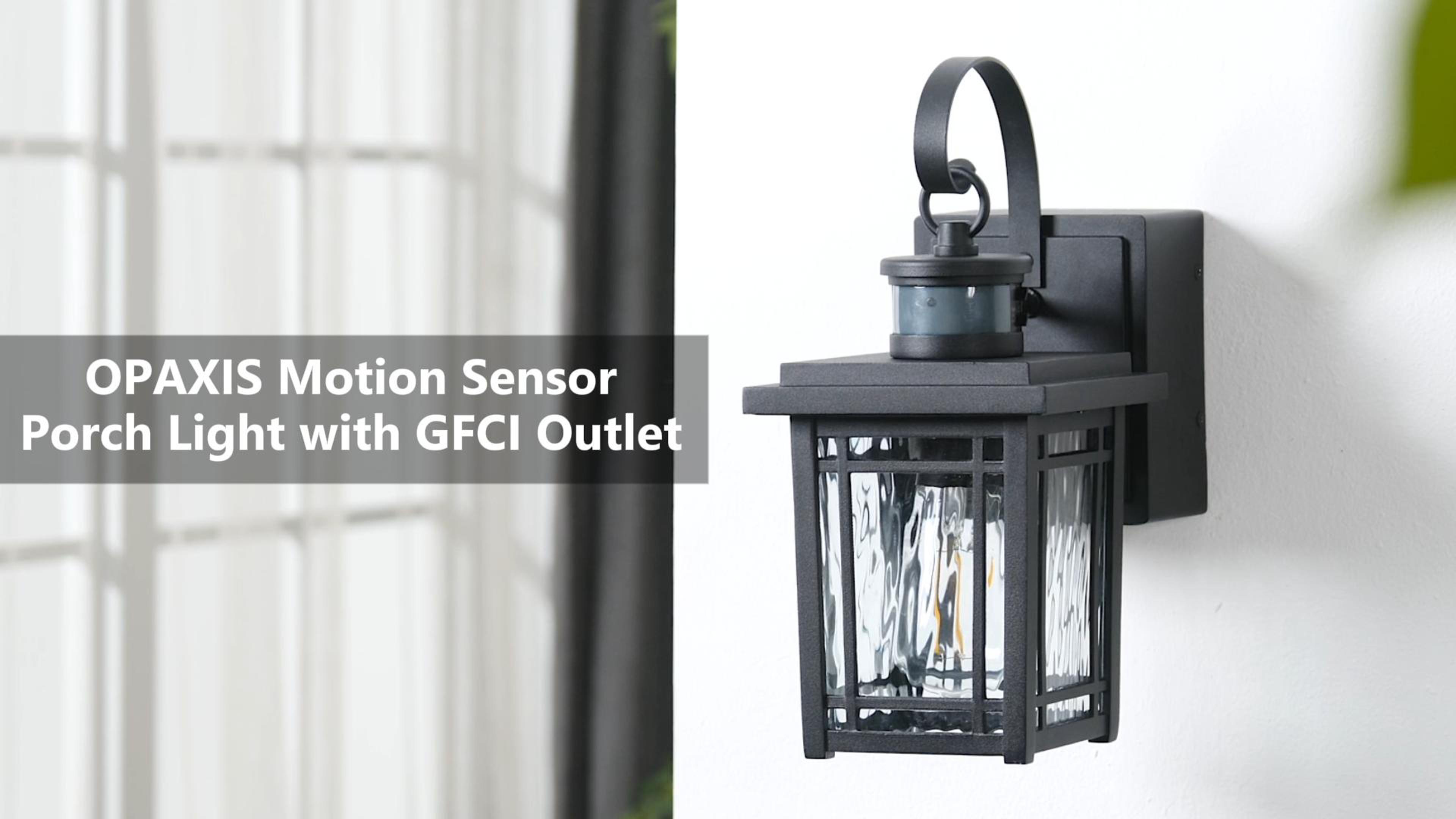 thumbnail video image 2 of OPAXIS Led Porch Light with GFCI Outlet, Motion Sensor Outdoor Light Fixtures Wall Mount, Black Carriage Lights Exterior with Ripple Glass, Anti-Rust Outside Garage Lights for Patio, Front Door, 2 of 11