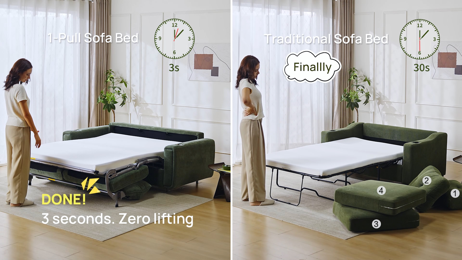 thumbnail video image 2 of CHIC HOUSE Queen Sleeper Sofa Bed with Mattress, Pull Out Couch with USB Charging, Cup Holders & LED Light, Convertible Chenille Loveseat for Living Room RV Small Spaces, Green, 2 of 11