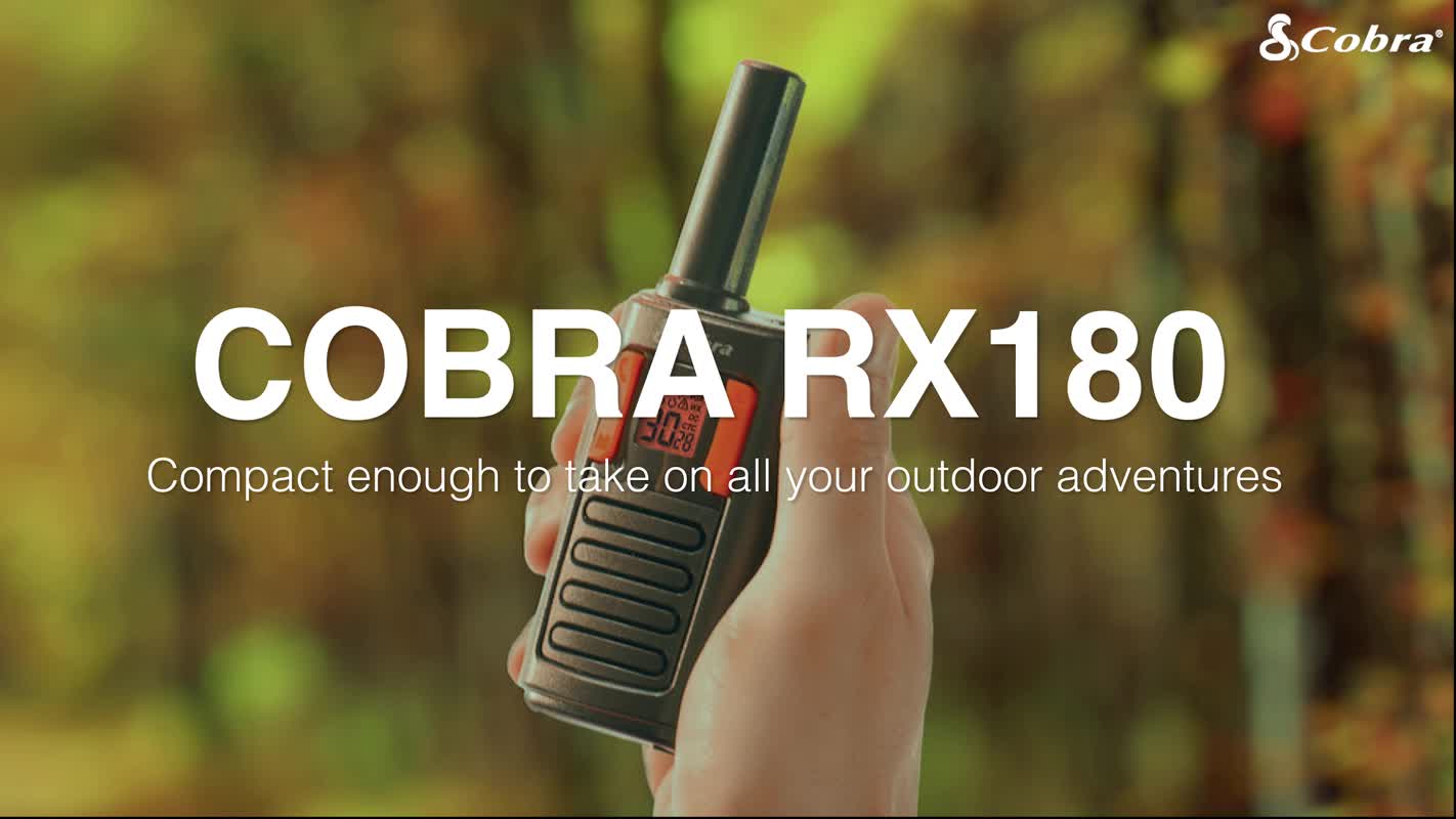thumbnail video image 2 of Cobra RX180 Walkie Talkies – 18-Mile Long Range Signal, 22 Preset Channels, NOAA Weather Alerts, 10 Call Tones, Voice-Activated, Compact and Reliable, 2-Pack, Orange/Black, 2 of 11