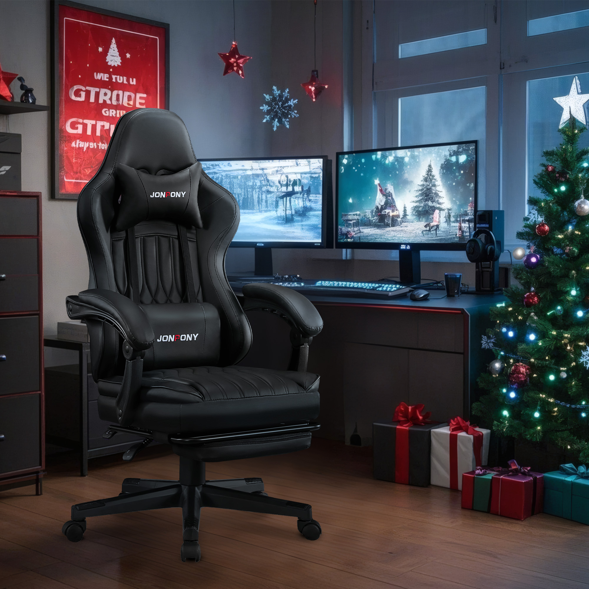 thumbnail video image 2 of JONPONY Big and Tall 400lbs Gaming Chair with Bluetooth Speakers Gamer Chair with Footrest Game Chair with Lumbar Support and 360-Swivel Seat and Headrest for Adults, Black, 2 of 13