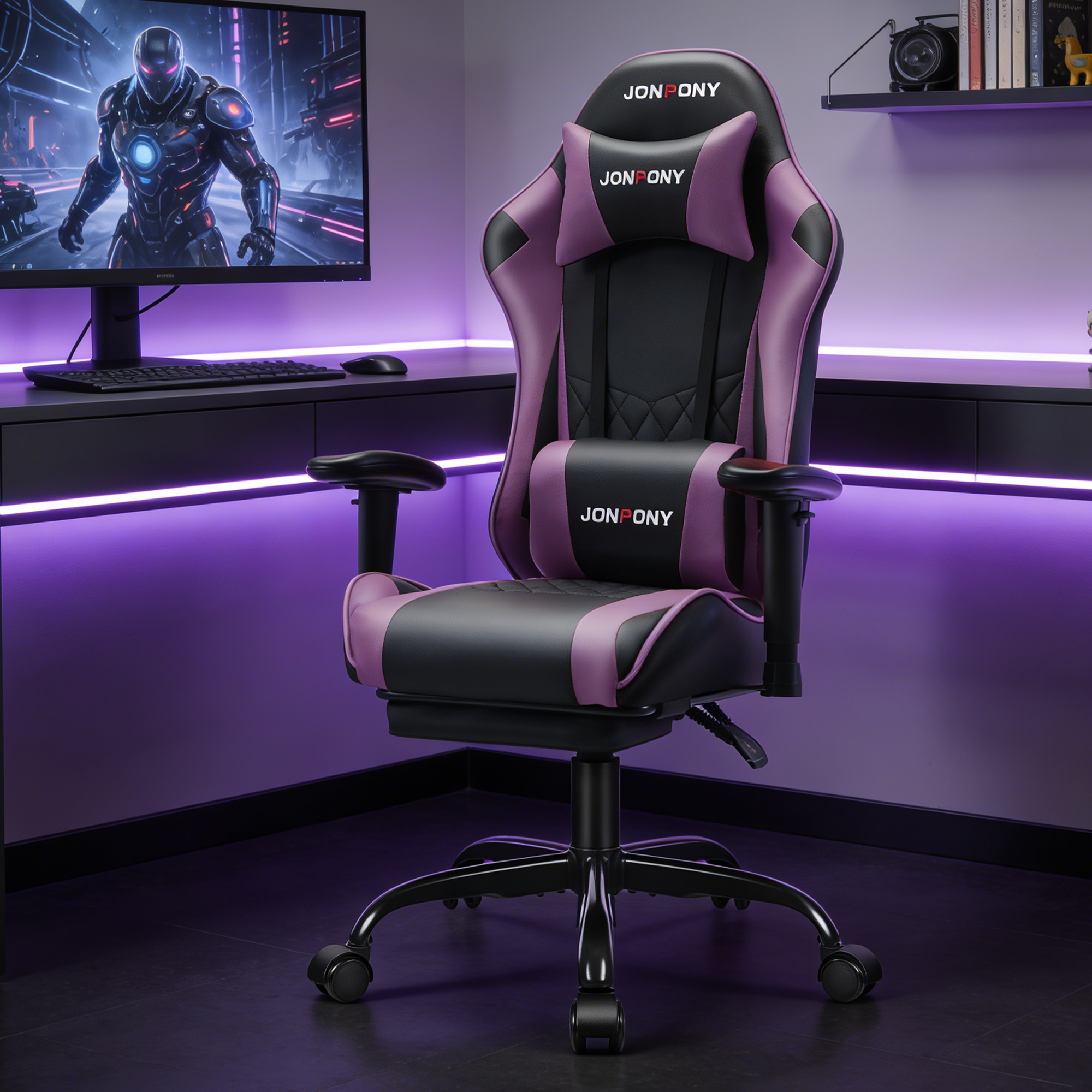 thumbnail video image 2 of JONPONY Big and Tall 500LBS Gaming Chair, Ergonomic Design with 2D Armrests,PU Leather with Footrest and Lumbar Support, High Back Office Chair Support 8 Hours Long Sitting, Computer Chair,Purple, 2 of 8