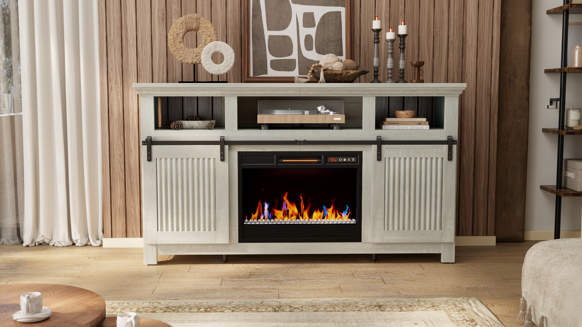 thumbnail video image 2 of Bestier 60" Fireplace TV Stand for TVs up to 65" Farmhouse Barn Door Entertainment Center with 23" Remote Control Electric Fireplace , White Wash, 2 of 12