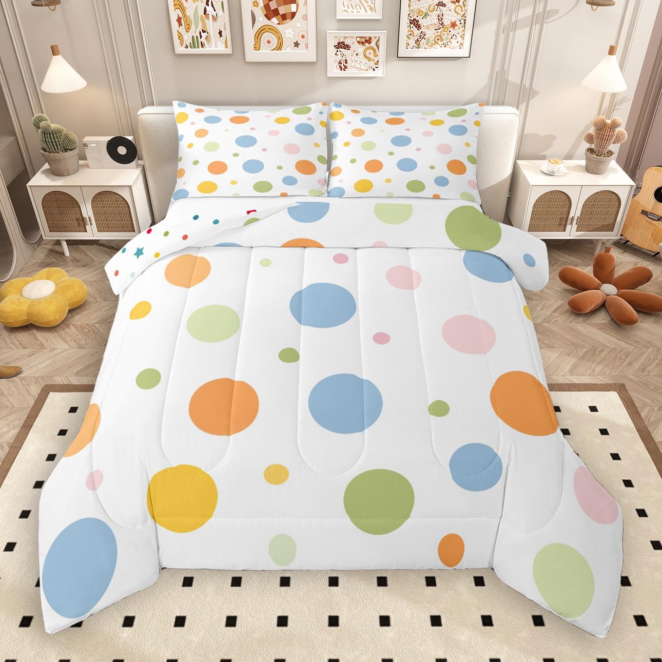 thumbnail video image 2 of Manfei Cartoon Circular Queen Comforter Set,Multicolor Polka Dots Bedding Sets,Yellow Green White Bedding Comforter Set For Children,Breathable Home Decor Reversible,3pcs, 2 of 9