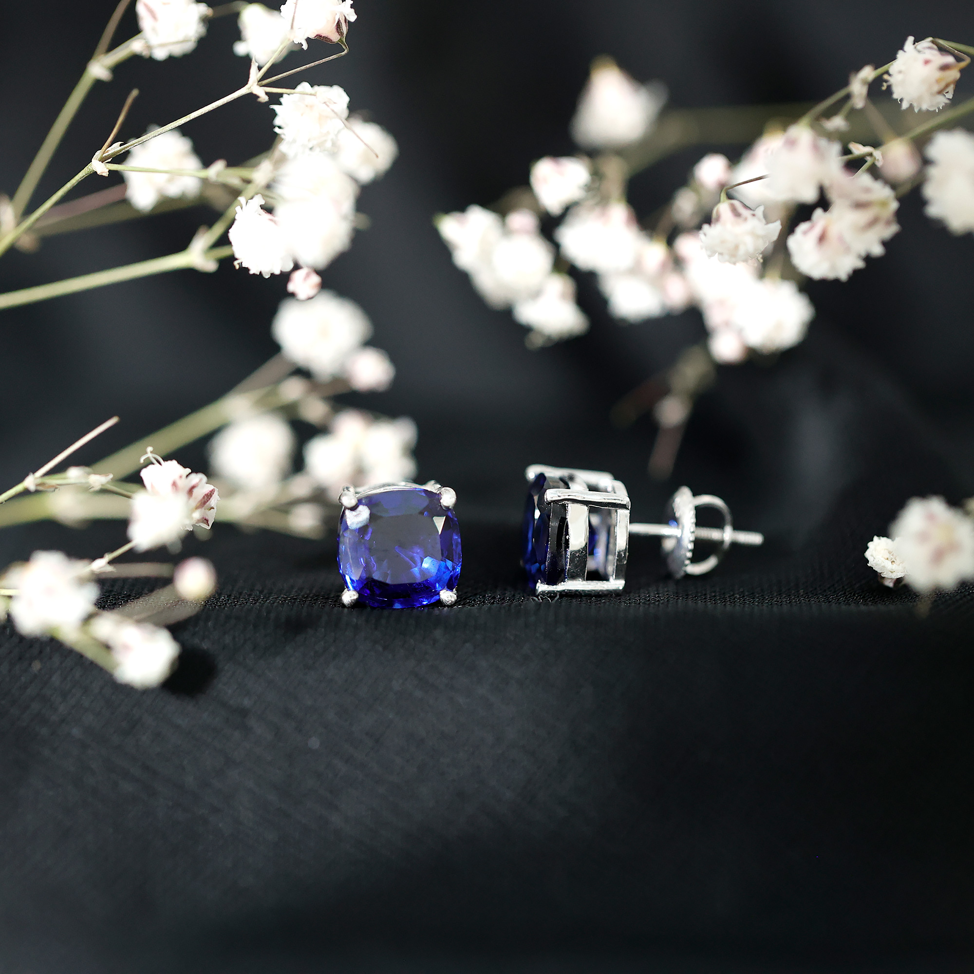 thumbnail video image 2 of Rosec Jewels Cushion Cut Lab Grown Blue Sapphire Solitaire Stud Earrings for Women, 18K Yellow Gold, 2 of 7