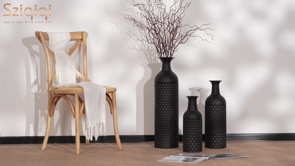 thumbnail video image 2 of Sziqiqi Large Black Vases Set of 3: Metal Floor Standing Vase Modern Honeycomb Texture Big Standing Vase for Living Room Dining Bedroom Home Corner Hallway Indoor Office, 2 of 10