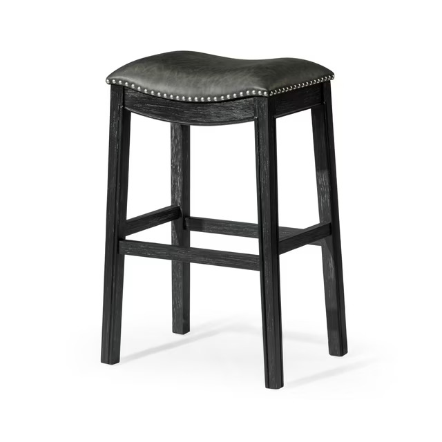 thumbnail video image 2 of Maven Lane Adrien 31" Wood Barstool - Handcrafted Aged Black Finish with Charcoal Black Vegan Leather Upholstered Saddle Seat for Comfort - Durable Backless Barstool for Kitchens, Dining Rooms, Pub, 2 of 5