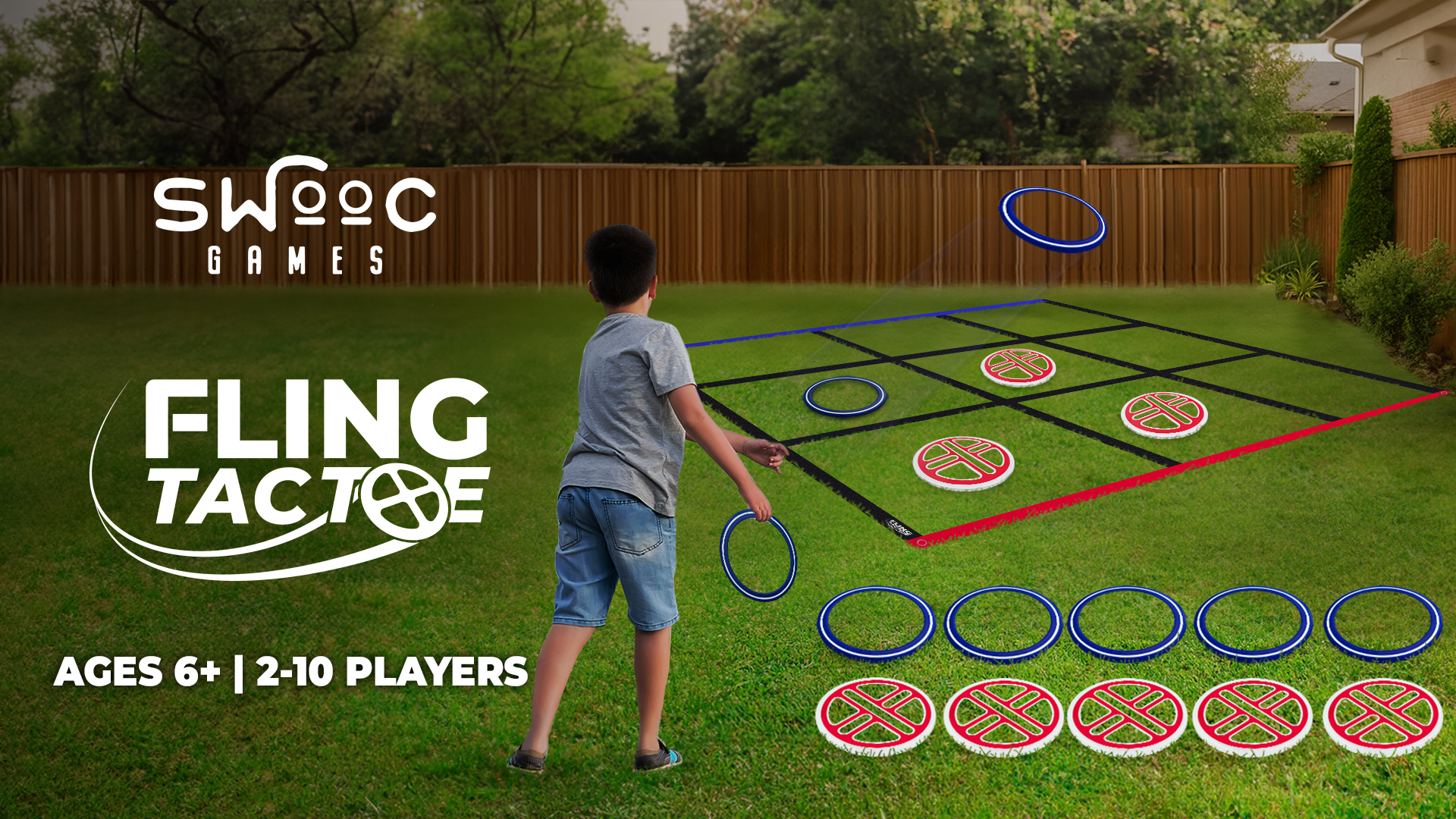thumbnail video image 2 of Swooc Games® - Fling Tac Toe™ (9ft x 9ft) Giant Tic Tac Toe Game Outdoor | Weatherproof Giant Outdoor Games for Adults and Family | Large Backyard Games for Kids | Jumbo Outside Yard & Lawn Game, 2 of 7