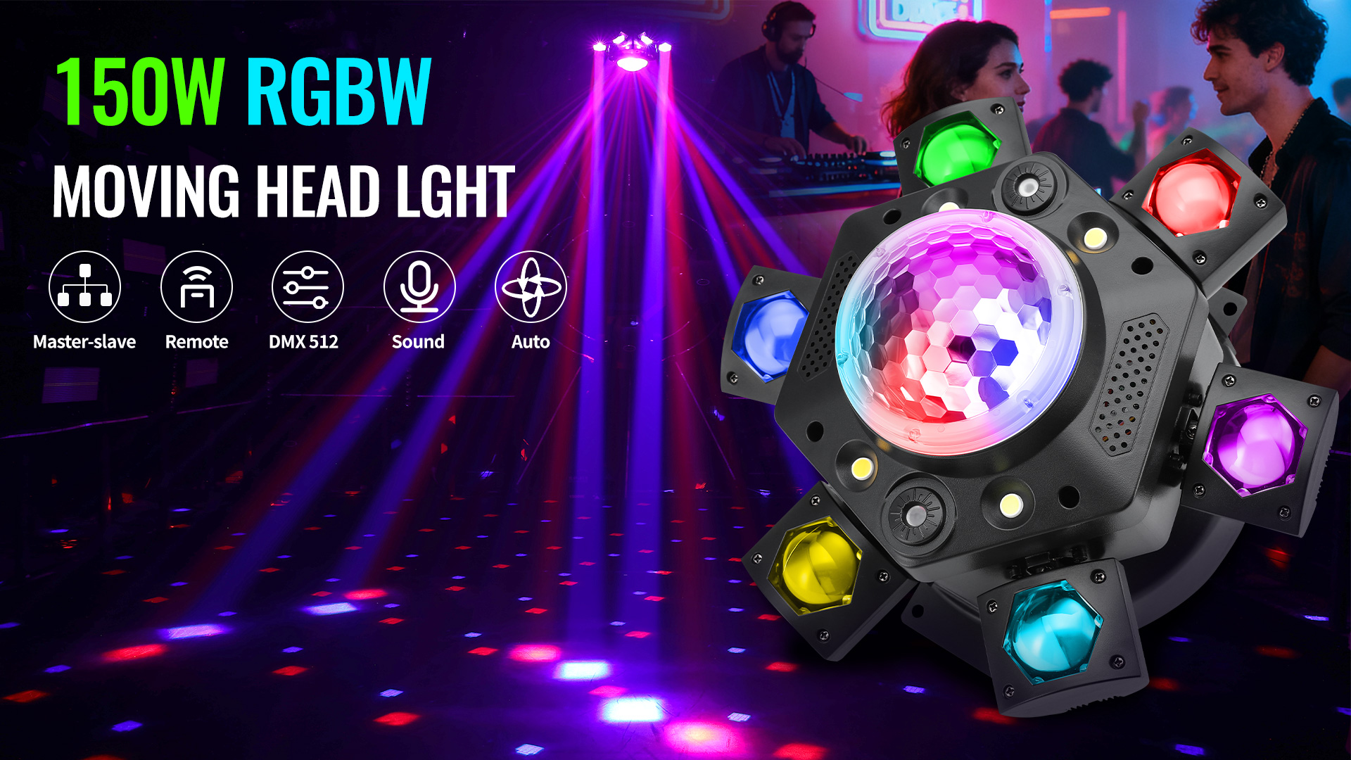 thumbnail video image 2 of Moving Head DJ Lights, 6 Arm RGBW LED 150W Disco Stage Light with Mixed Lighting Effects, Sound Activated, DMX 512 Remote Control DJ Lights for Disco Club Wedding Party (Kaleidoscope), 2 of 9