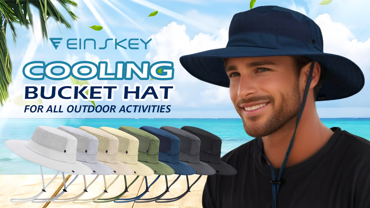 thumbnail video image 2 of EINSKEY Cooling Bucket Hat for Men, Wide Brim Womens Sun Hat with Ponytail Hole (Blue), 2 of 8