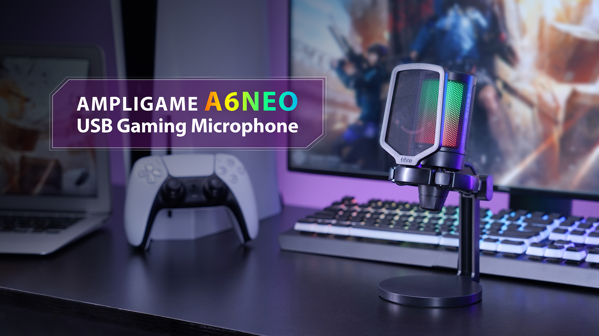 thumbnail video image 2 of FIFINE Gaming Microphone for PC Computer PS5 PS4 Laptop, USB Streaming Microphone with RGB, Condenser, Mute Button, Gain Control for Recording-A6NEO, 2 of 11