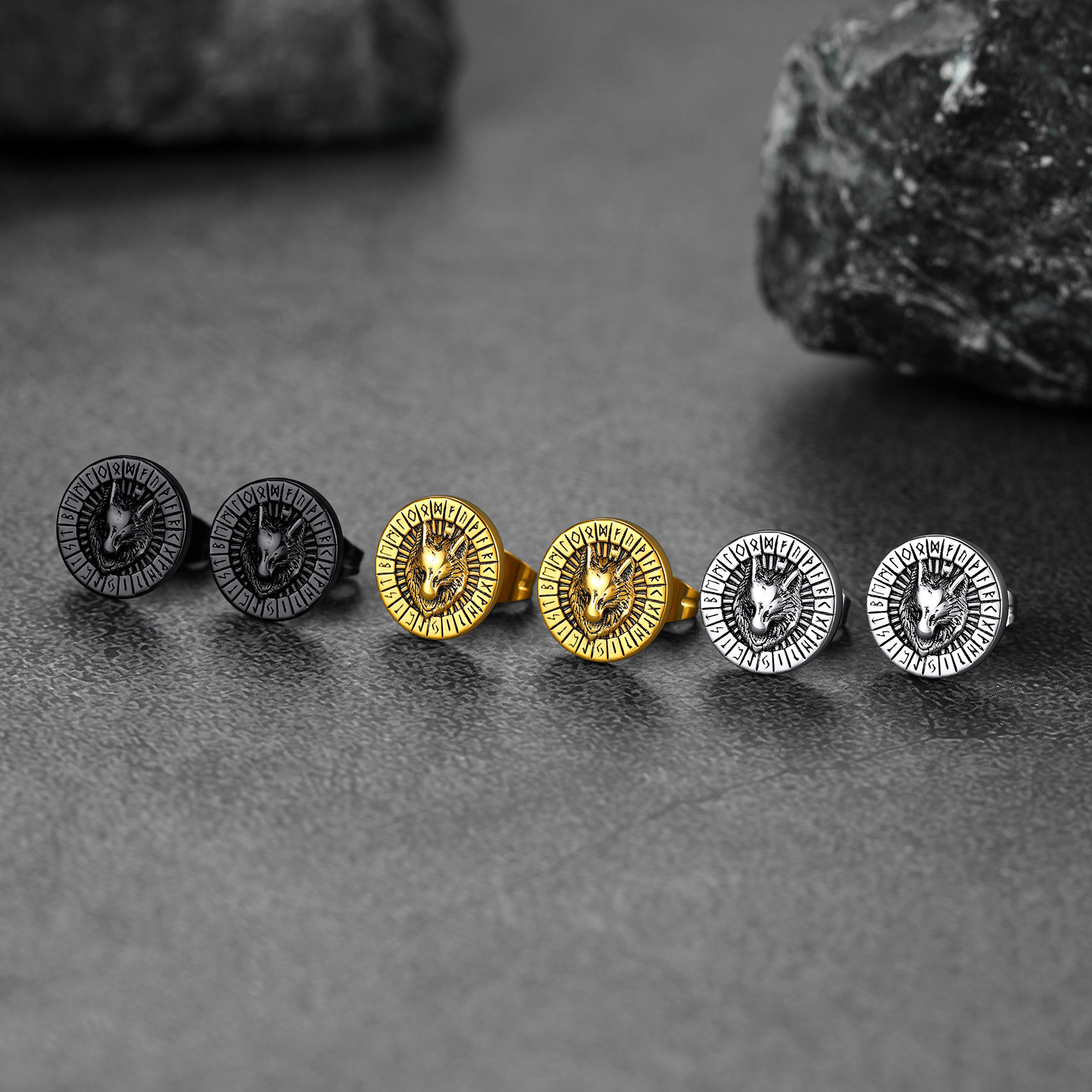 thumbnail video image 2 of FaithHeart Nordic Fenrir Wolf Stud Earrings for Men Women Gold Plated Stainless Steel Viking Rune Earrings Gothic Punk Hypoallergenic Lightweight Boyfriend Valentines Jewelry Gift, 2 of 10