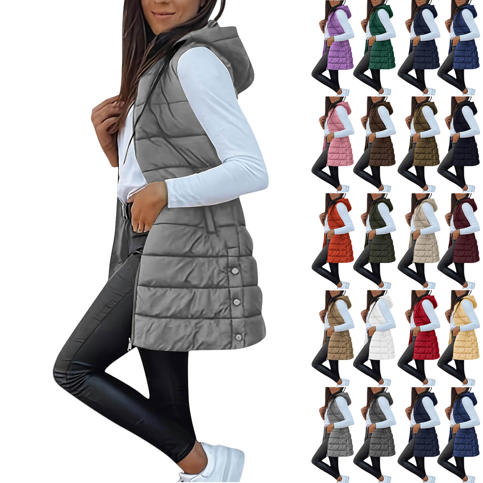 thumbnail video image 2 of Vibrex Womens Long Puffer Vest 2025 Winter Warm Quilted Sleeveless Jackets with Hood Stand Collar Puffy Zip Up Fall Outerwear with Hood Outdoor Down Coat, 2 of 11