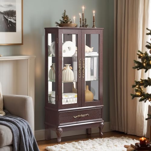 thumbnail video image 2 of CKEASEAN 52" Lighted Accent Curio Cabinet with 2 Glass Doors & 1 Drawer, 3-Tier Antique Cabinet with Tempered Glass Adjustable Shelves & Drawer, Storage Display Case for Living Room, Bedroom,Office, 2 of 10