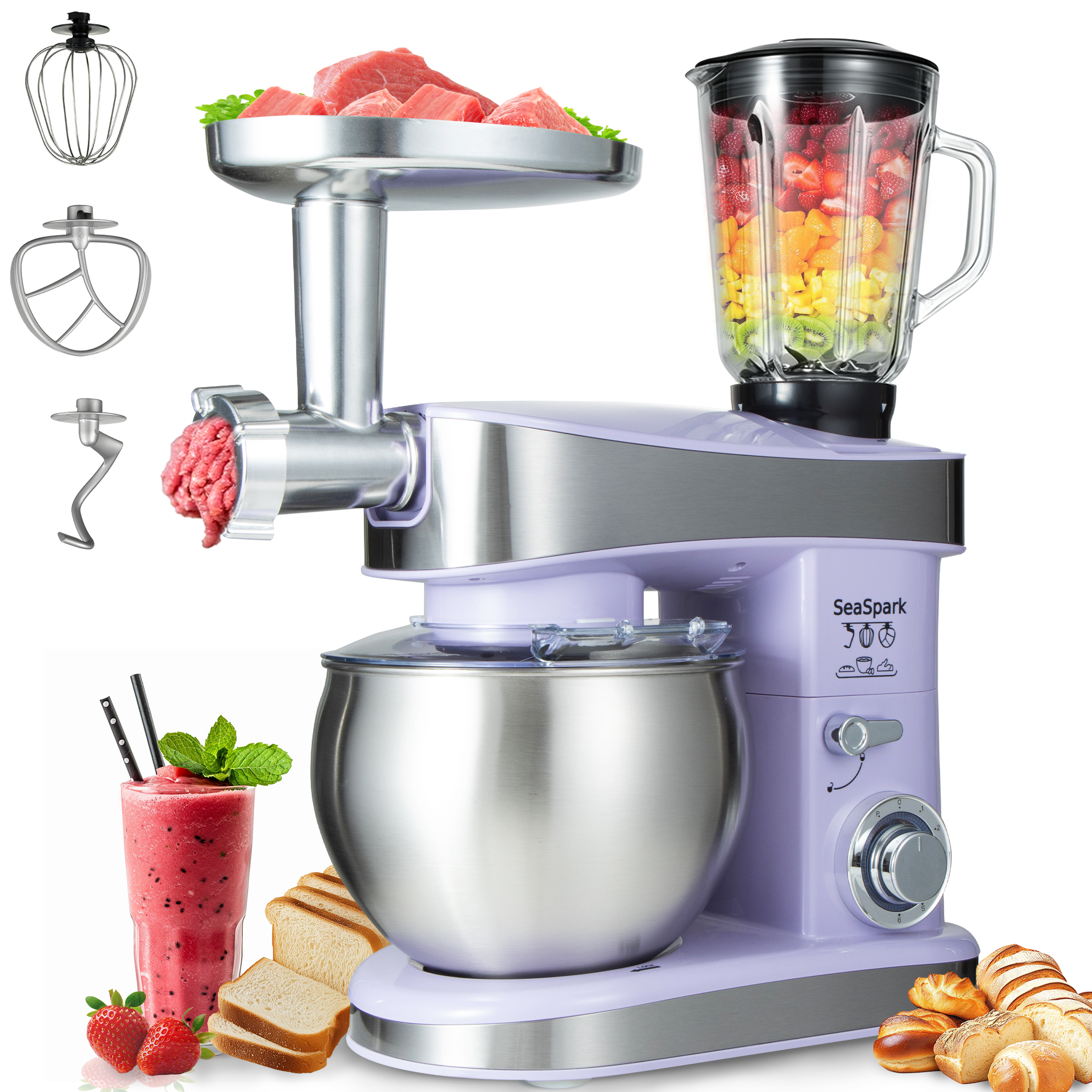 thumbnail video image 2 of SeaSpark 6 in 1 Multifunctional Stand Mixer, 6 Speed Electric Food Mixer with 6.3 Quart Stainless Steel Bowl, 400W Tilt-Head, Purple, 2 of 9