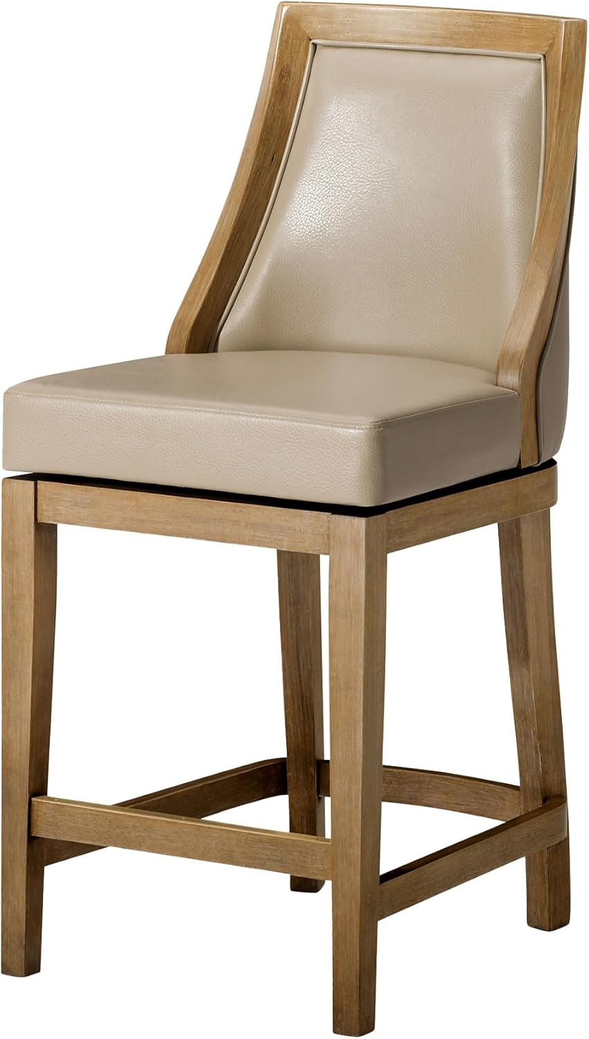 thumbnail video image 2 of Maven Lane Vienna 31 Inch Tall Bar Height Rotating High Back Barstool in Weathered Oak Finish with Avanti Bone Vegan Leather Seat, Set of 2, 2 of 6