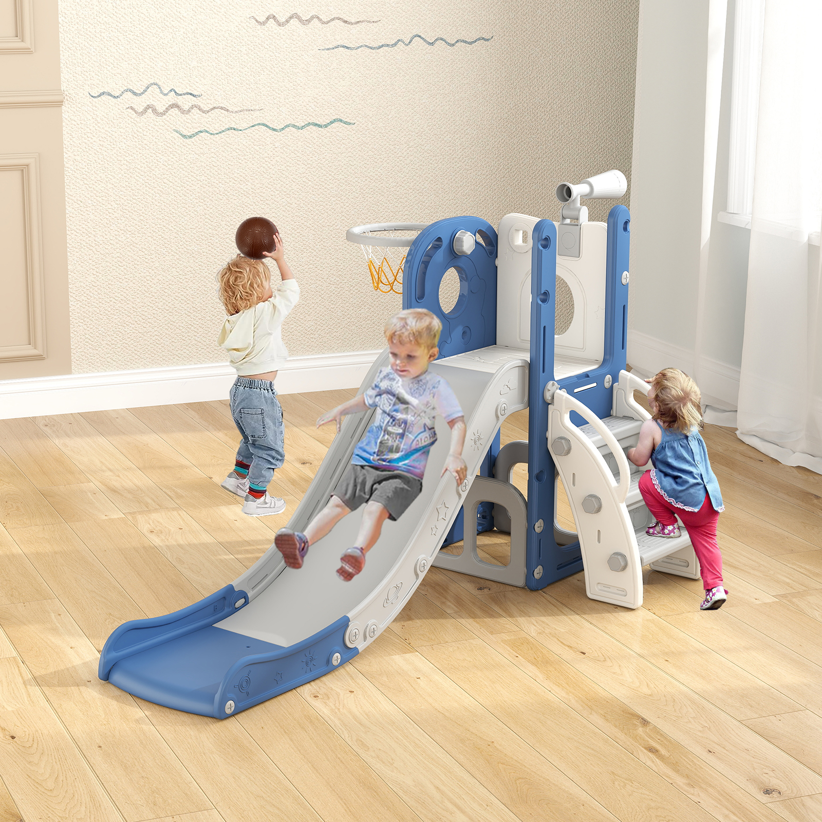 thumbnail video image 2 of Kinbor 6 in 1 Toddler Playset Slide for Toddlers Age 1-3, Indoor/Outdoor Toddler Playground Kids Slide Baby Climber Playset with Basketball Hoop and Telescope, White&Blue, 2 of 9
