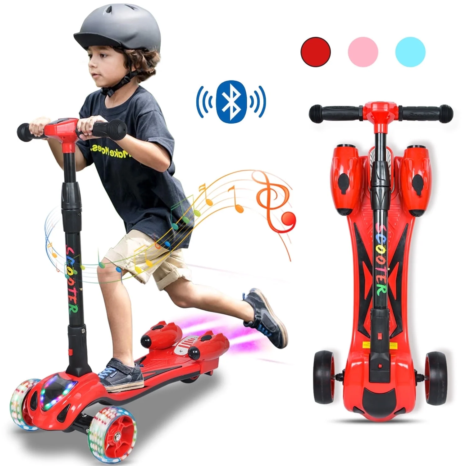 thumbnail video image 2 of 3 Wheel Scooter Kick Scooter for kids with Bluetooth Music Rocket Steam Sprayer Adjustable Height Light Up for Boys Girls Ages 3-10, 2 of 10