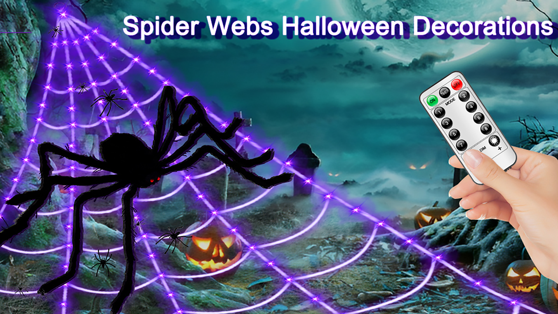 thumbnail video image 2 of 16.4Ft Large Spider Webs Halloween Decorations Lights, Outdoor Battery Operated Purple Halloween String Lights with 8 Modes Remote Control  125 LEDs Spiderweb,60" Large Spider,Waterproof (Purple), 2 of 11