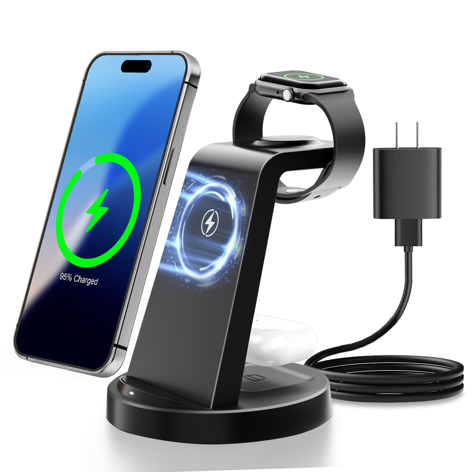 thumbnail video image 2 of Charging Station, 15W Wireless Charger for iPhone 17 16 15 14 13 12, 3 in 1 Charger Stand for iWatch Series, for Airpods 4 3 2, Wireless Phone Charger for Samsung Galaxy, Black, 2 of 11