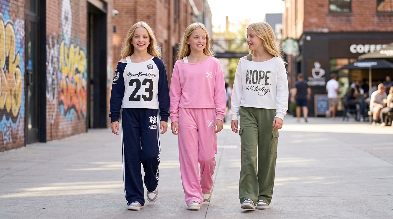 thumbnail video image 2 of PureChapter Girls 2 Piece Outfit Sets Printed Cold Shoulder Long Sleeve Top & Side Strip Pants Casual Tracksuit for Teen Girls 7-14 Years Old, 2 of 10